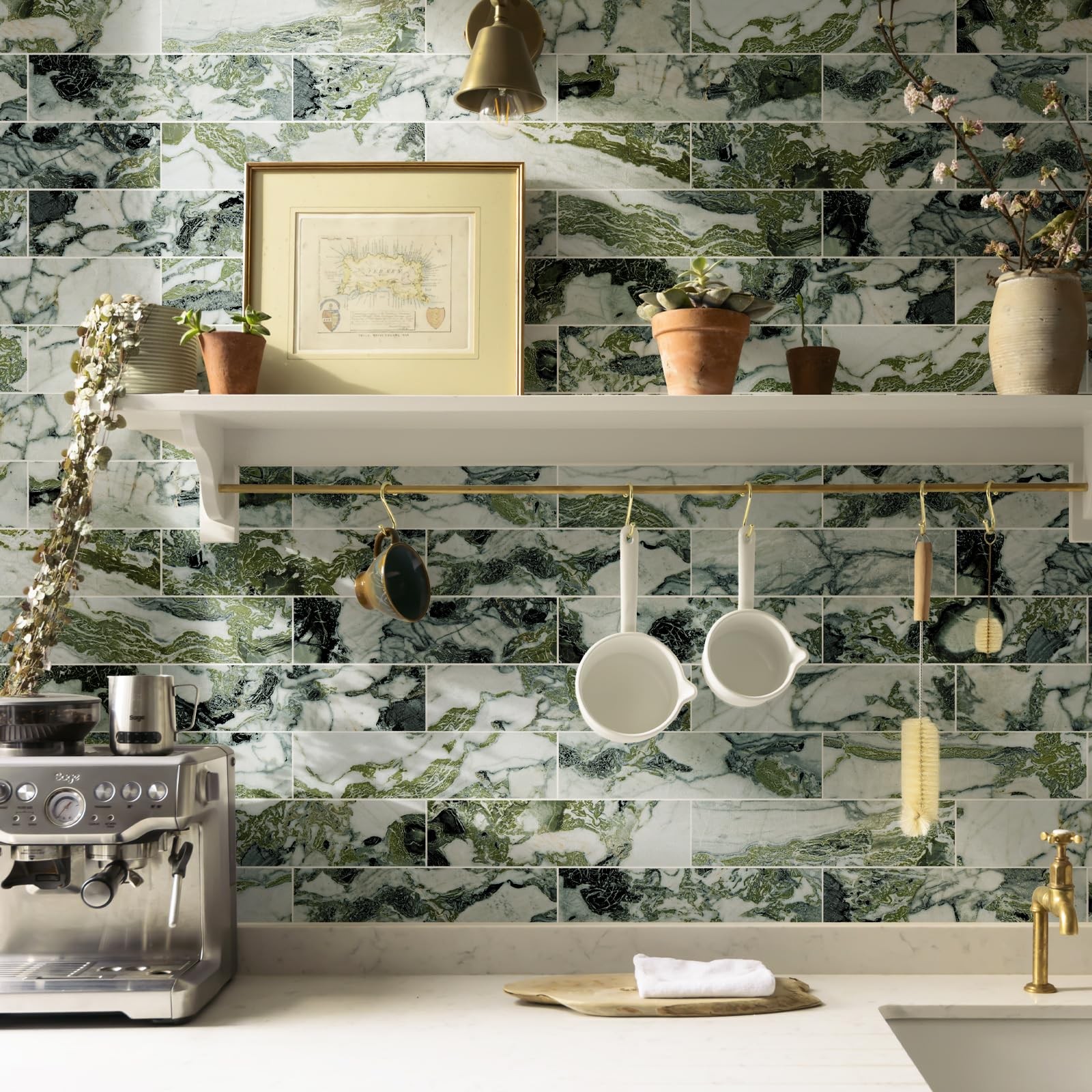 40-Piece Glossy Ice Green Marble Peel and Stick Backsplash Tiles with White G…