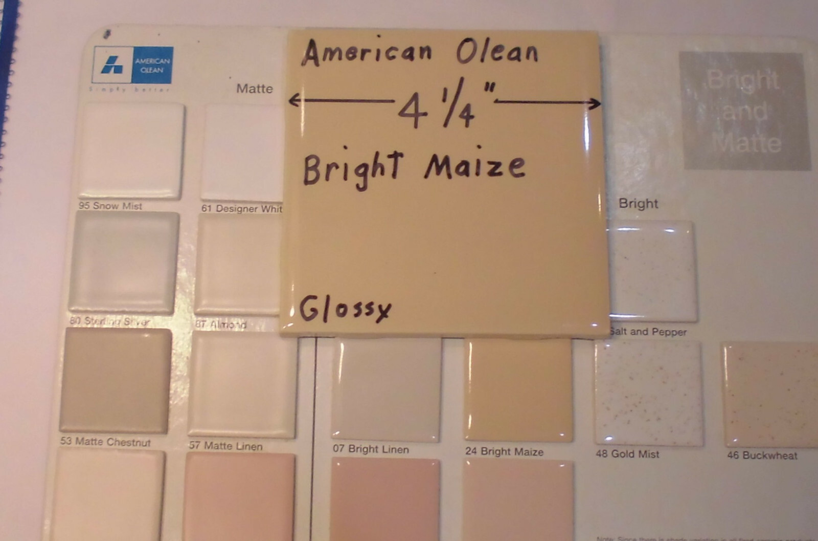 1 pc. *Maize* Glossy Ceramic Tile #24 by American Olean 4-1/4″ ; a yellow-brown