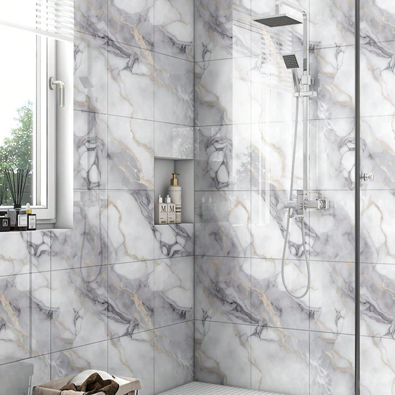 Chejiaye 10Pcs Marble Peel and Stick Backsplash Waterproof Washroom Wall Panels,