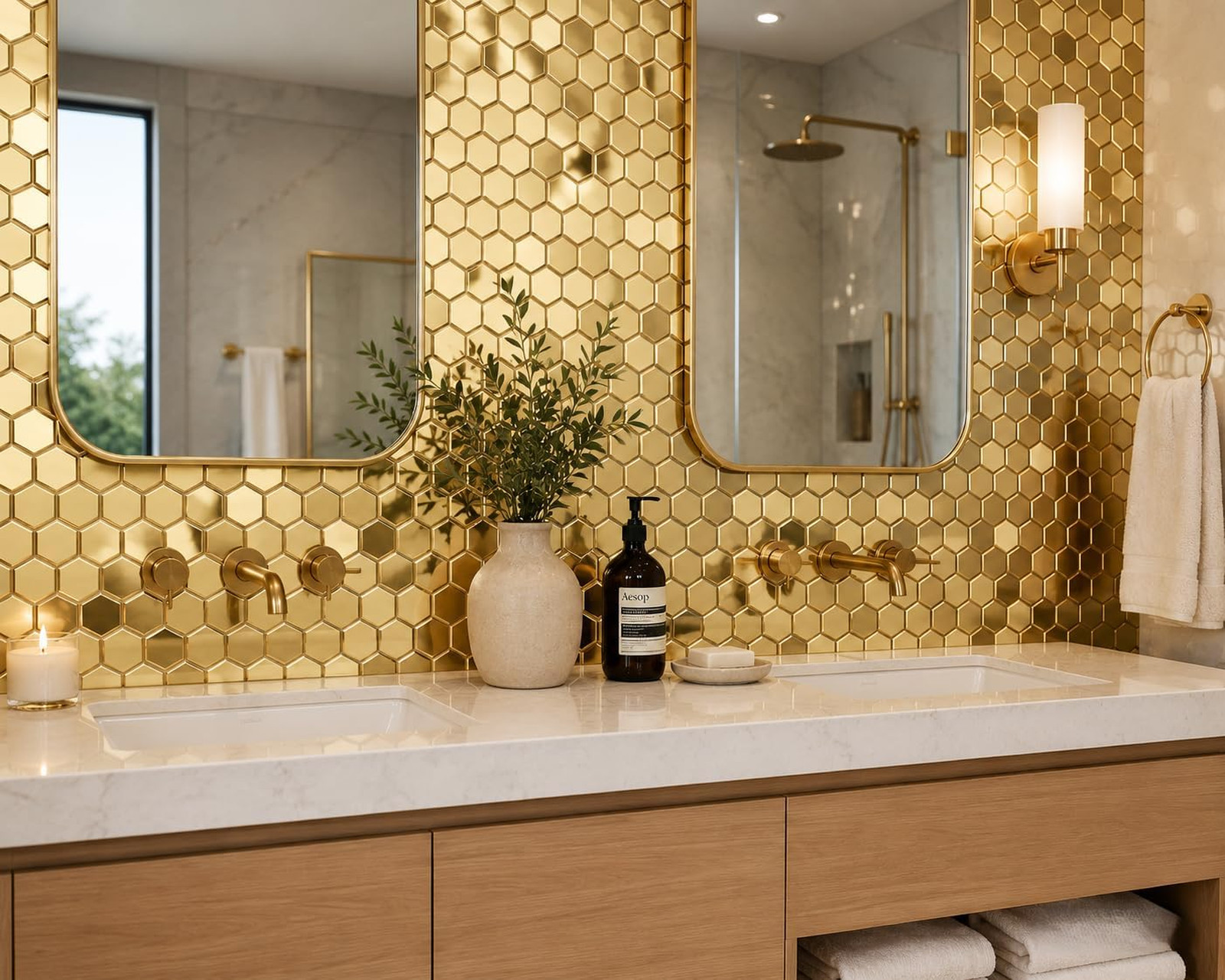 Hexagon Gold Backsplash Tile, Mosaic Sheets 12 Inch Mesh Mounted Brushed Shiny