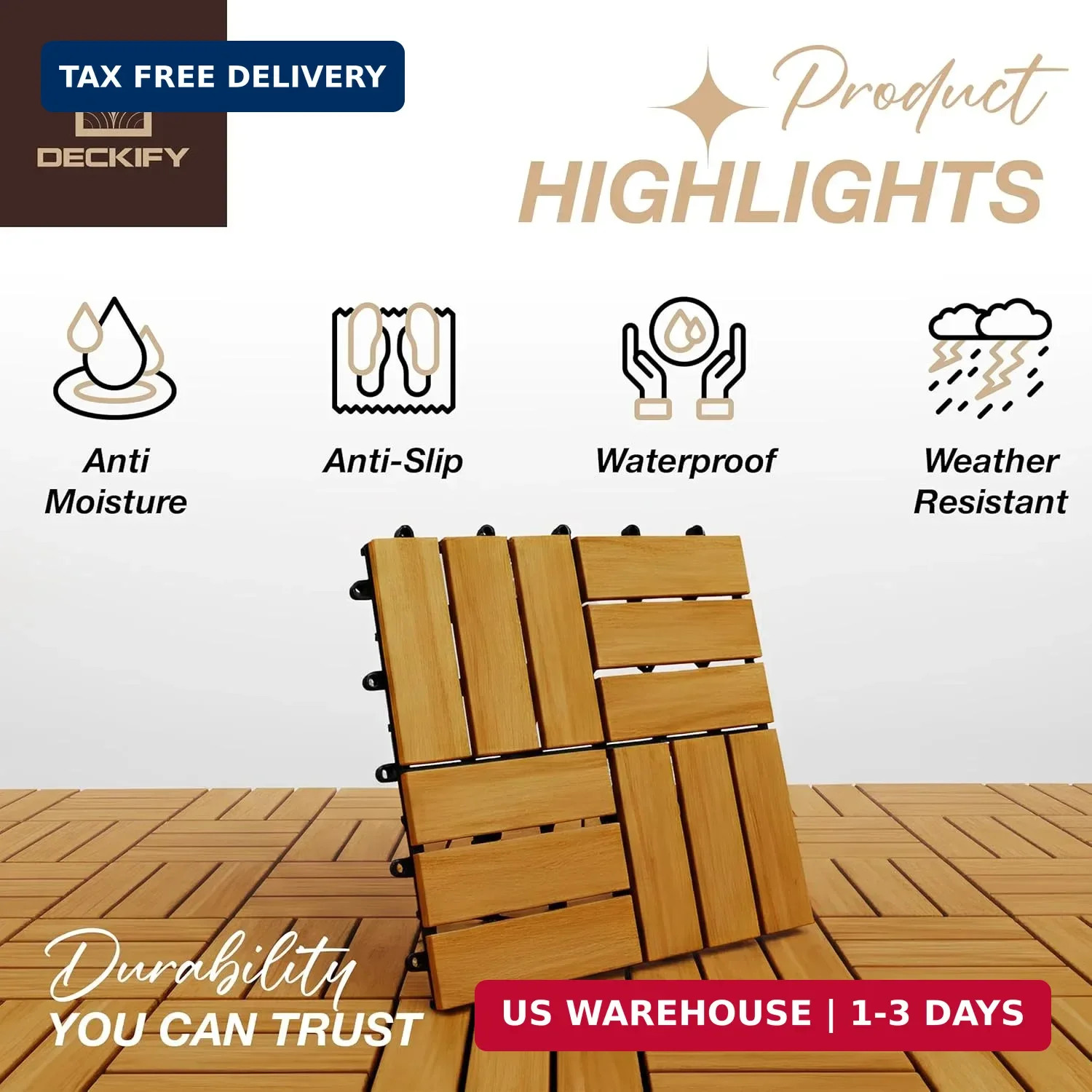 Acacia Wood Interlocking Patio Deck Tiles, 12 x 12 x 0.9 Inch Outdoor Flooring,