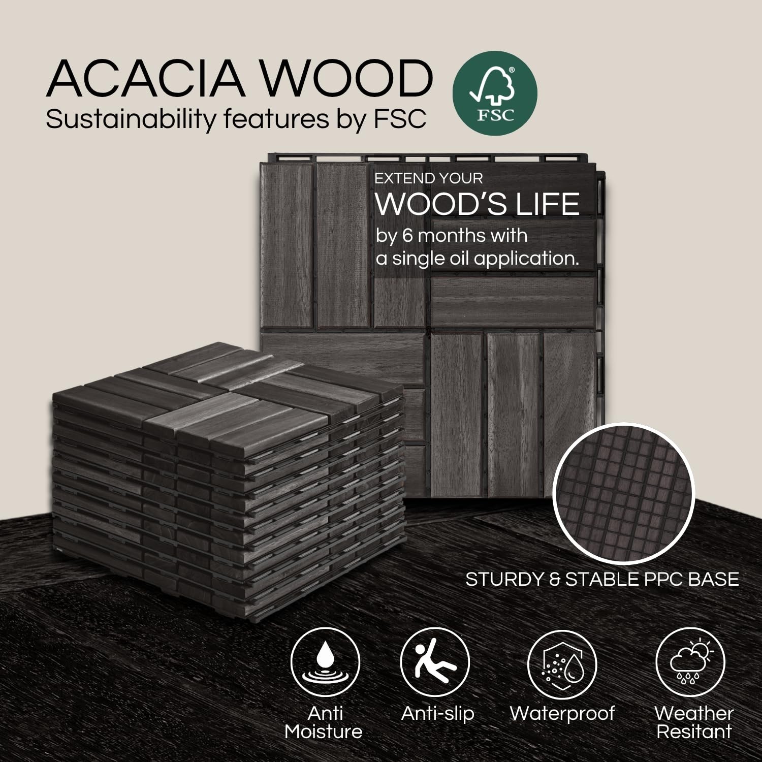 10 Pcs Deck Tiles, Patio Flooring – Outdoor Waterproof Acacia Wood Tiles for…