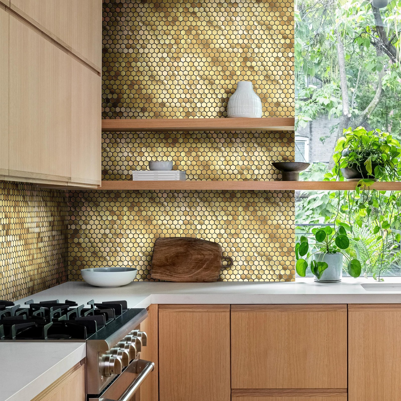 Hexagon Gold Backsplash Tile, Mosaic Sheets 12”x12” Mesh Mounted Golden 1 I…