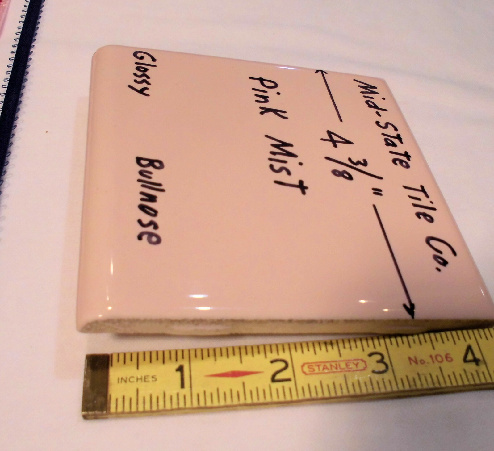 1 pc. Pink Mist – Peachy: Glossy Surface Bullnose Tile: 4-3/8″ Mid-State Co.