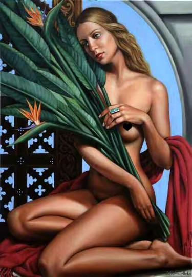 nude elegant model with birds of paradise art deco ceramic tile mural backsplash