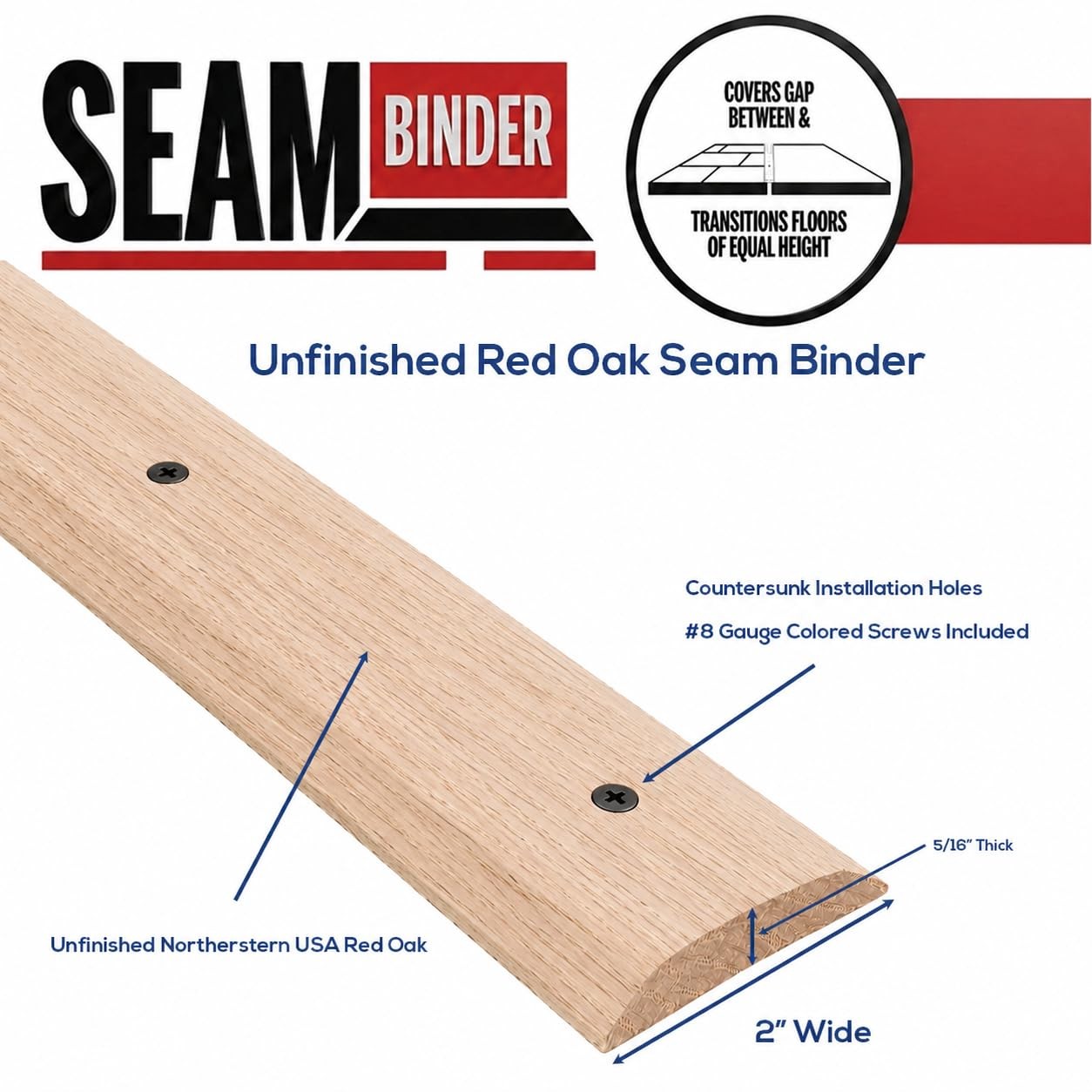 3 FT Red Oak Mini Threshold Seam Binder – 2″ Wide x 5/16″ Thick – Solid Wood