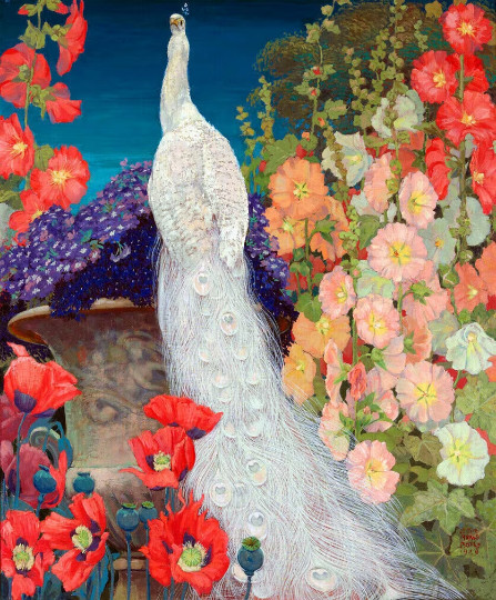 White Peacock In Red Poppy Pink Hollyhock Garden ceramic tile mural backsplash