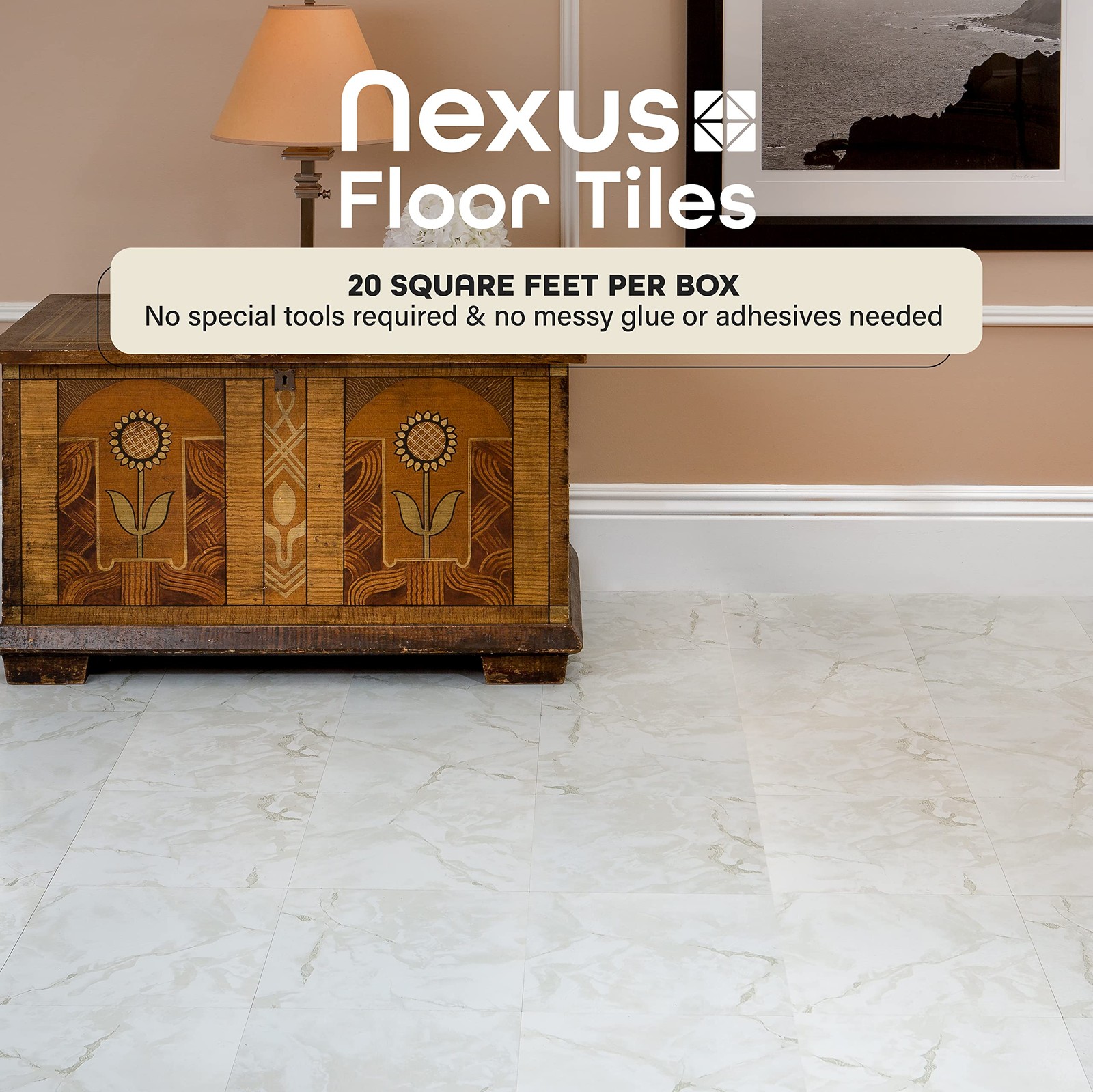 Peel and Stick Vinyl Floor Tiles, 12″x12″, Classic White with Grey Veins, 20