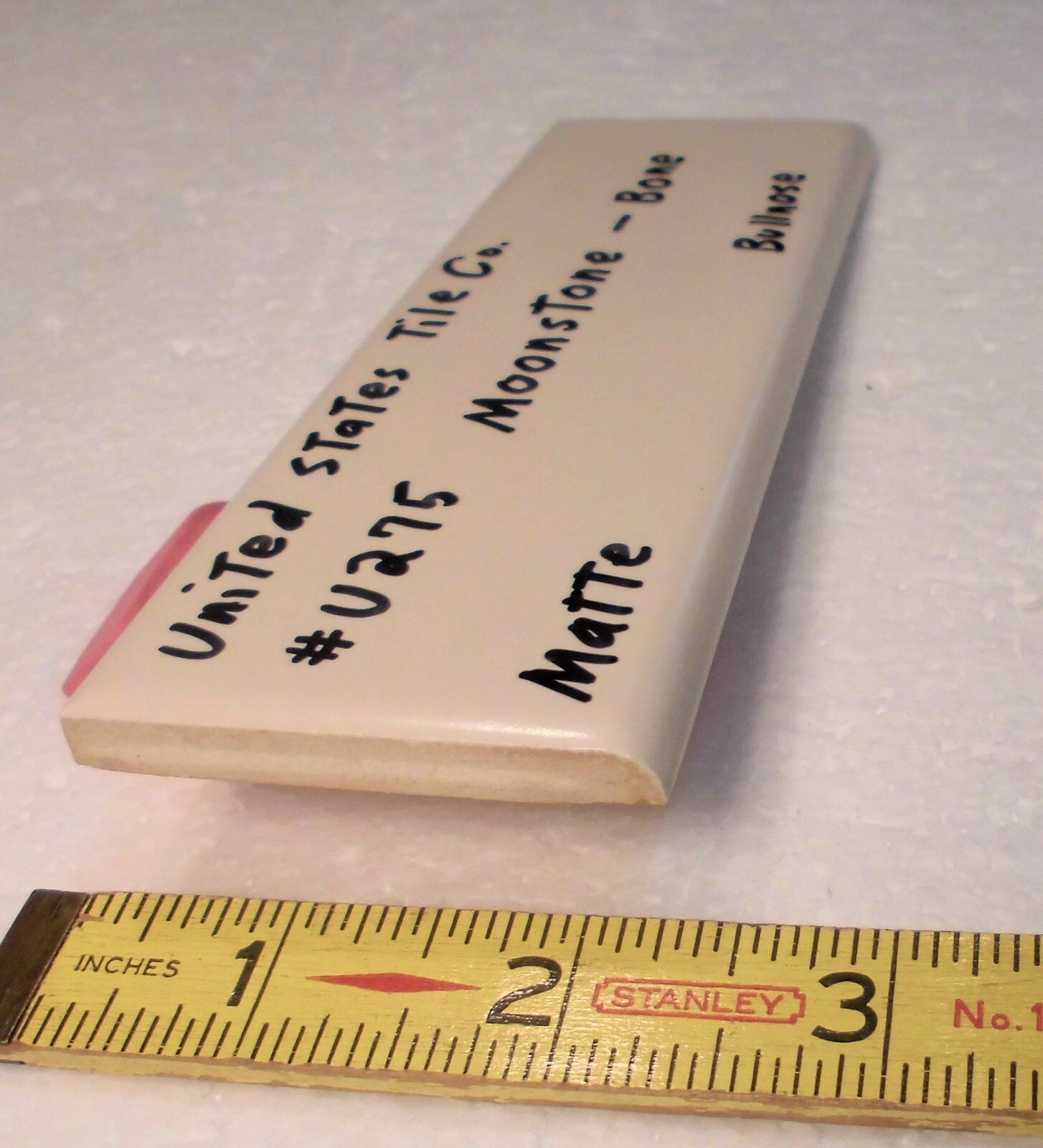 1 pc. Matte Bone: Bullnose Surface Flat Ceramic Tile #U-275 Moonstone, Made USA