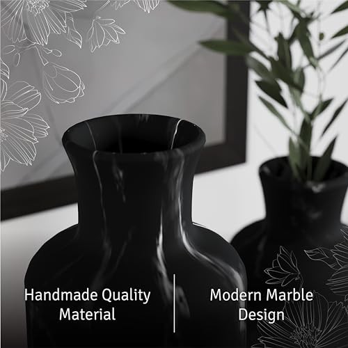Black Marble Look Vase Set – Vases Home Decor, Premium Matte Black Marble Look
