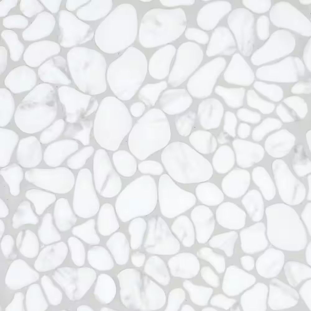 White Calacatta Pebble 10.6 In. X 10.6 In. Recycled Glass Marble Looks Floor and