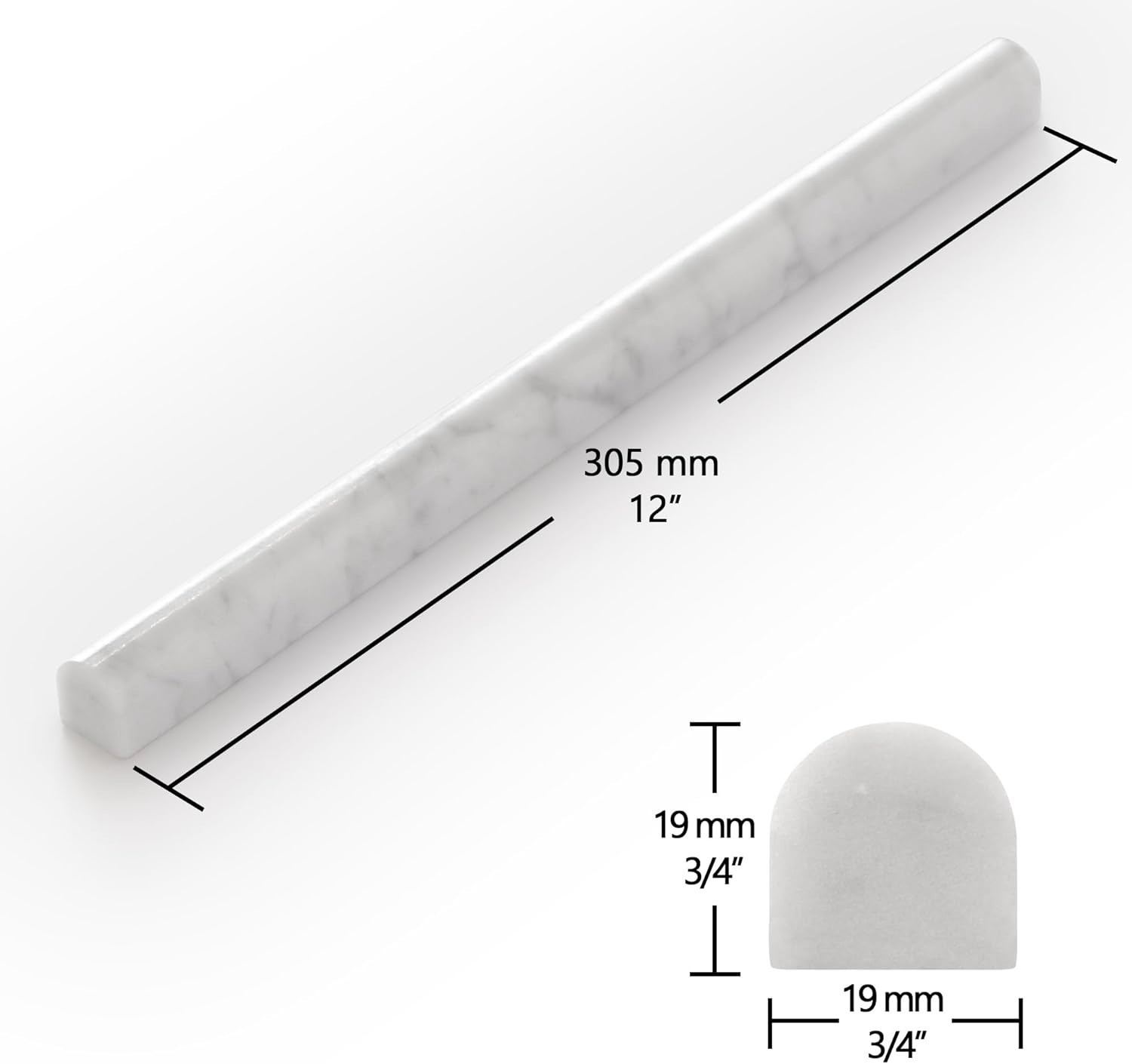 10-Pack Carrara White Marble Pencil Liner Tile, 3/4″ x 12″ Honed Natural Stone