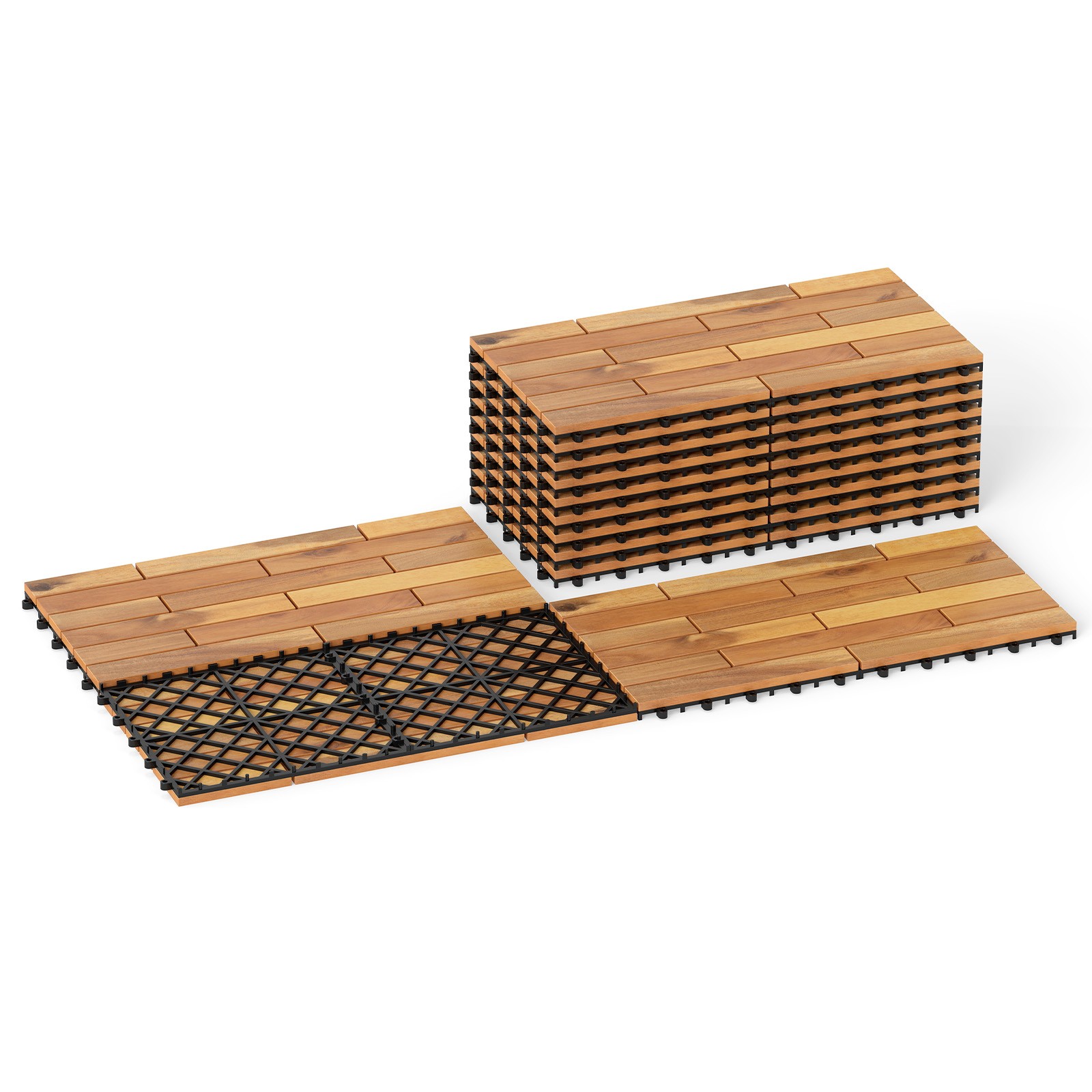 24″ x 12″ Acacia Wood Interlocking Deck Tiles, 12 PCS Waterproof Flooring Tiles