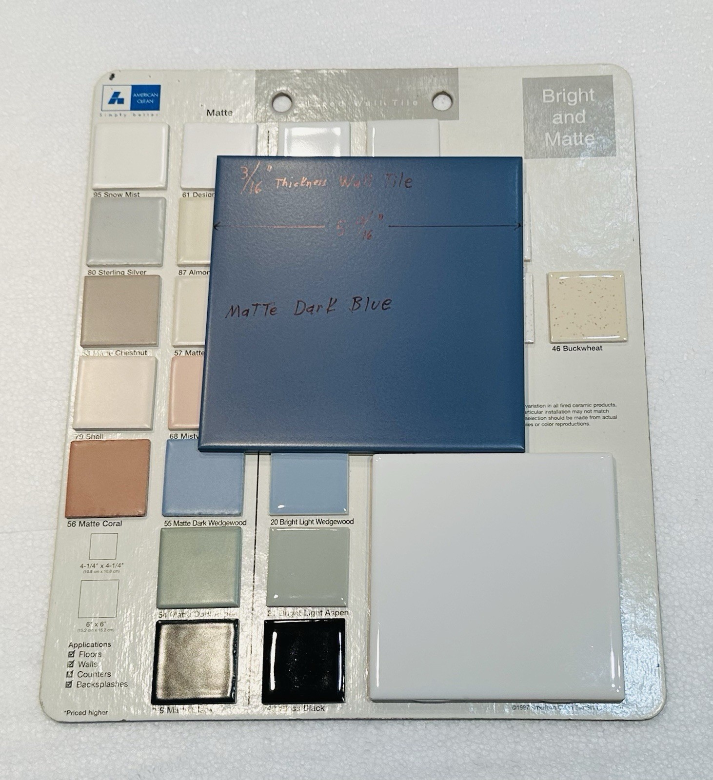 1 pc. 3/16″ Thickness Matte Dark Blue: 5-13/16″ Square Ceramic Tile, New Stock