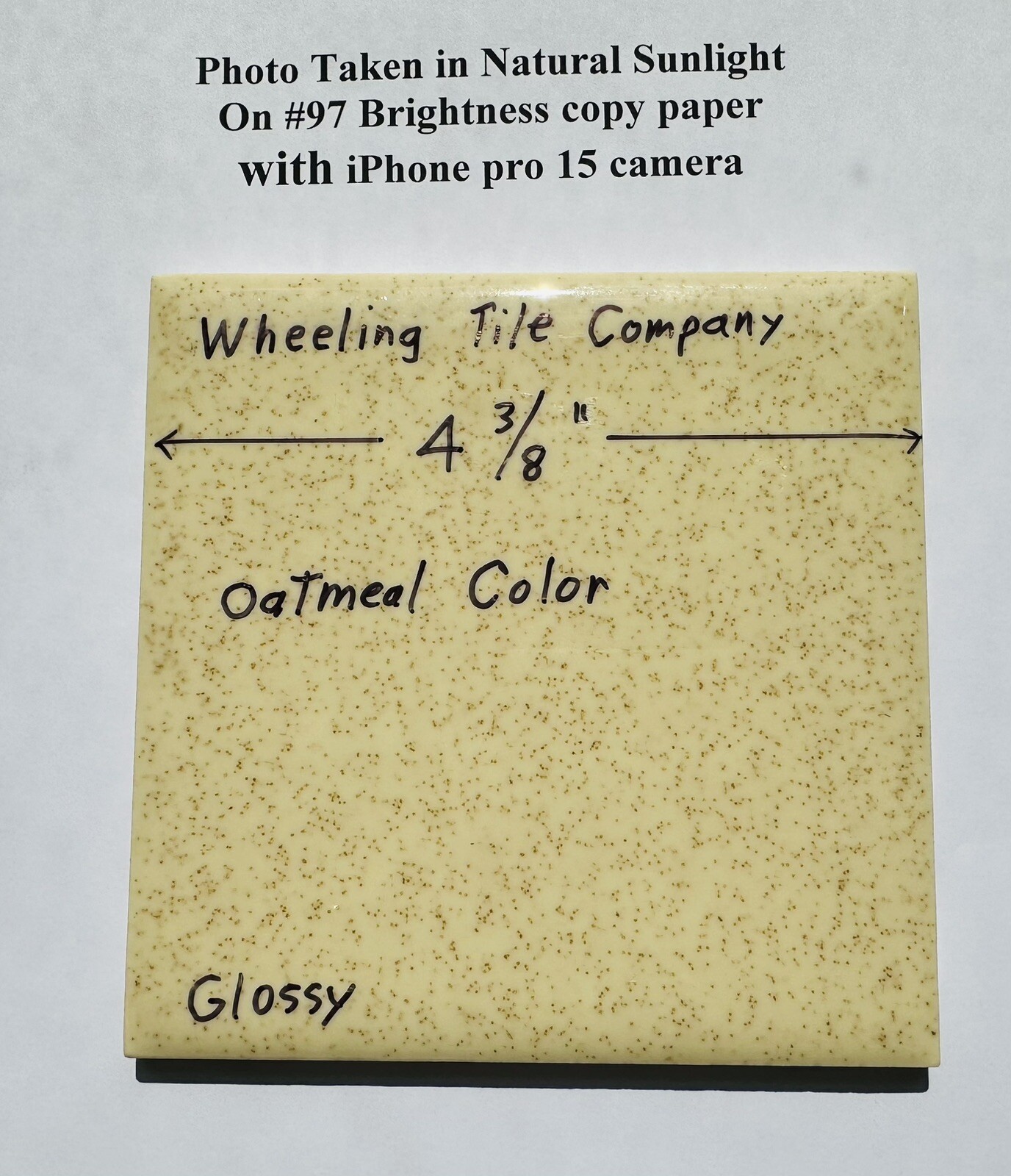 1 pc. Oatmeal 4-3/8″ Gloss Ceramic Tile by Wheeling Co. Speckled Beige-Brown USA