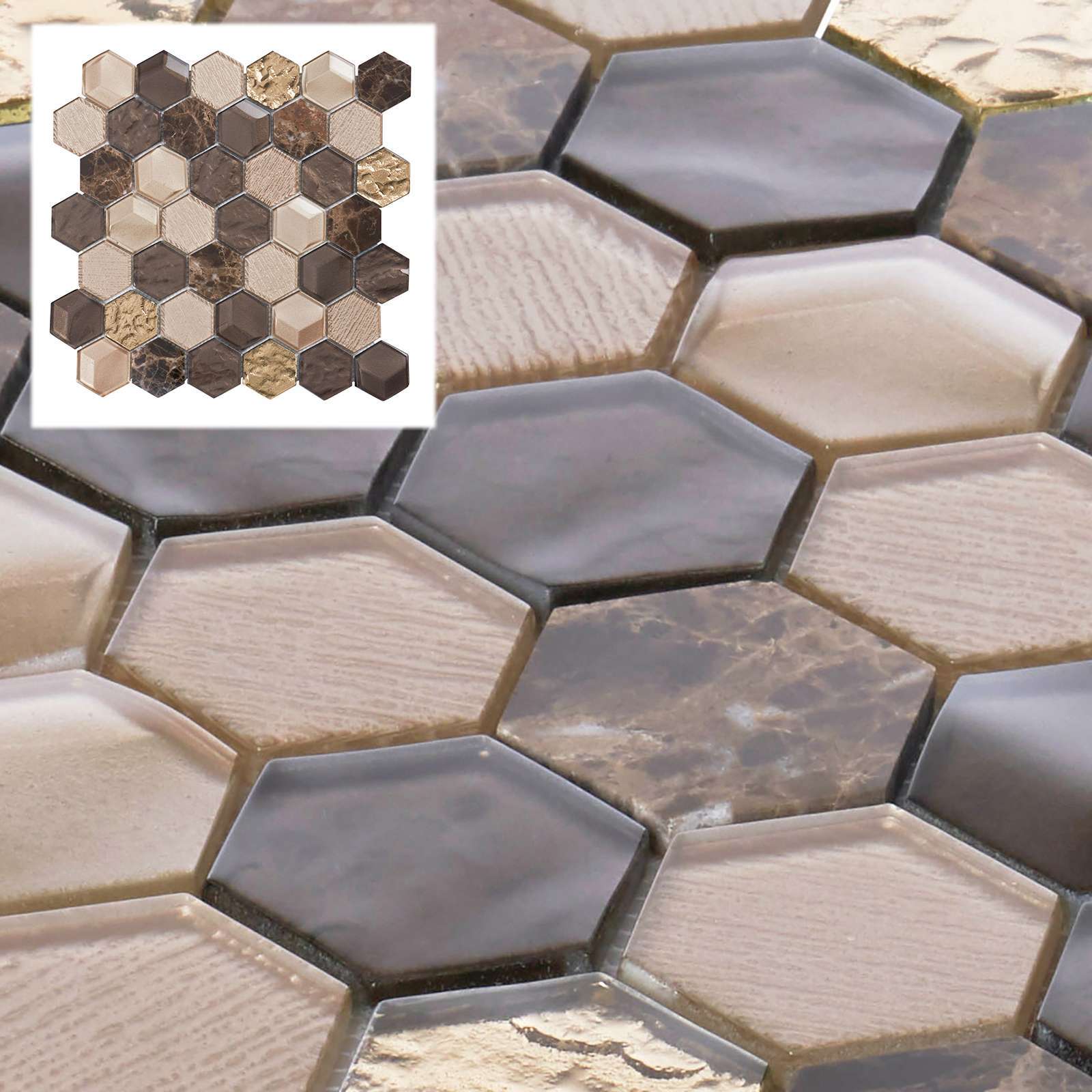 Hexagon Emperador Marble Metallic Brown Gold Beige Glass Mosaic Tile Backsplash