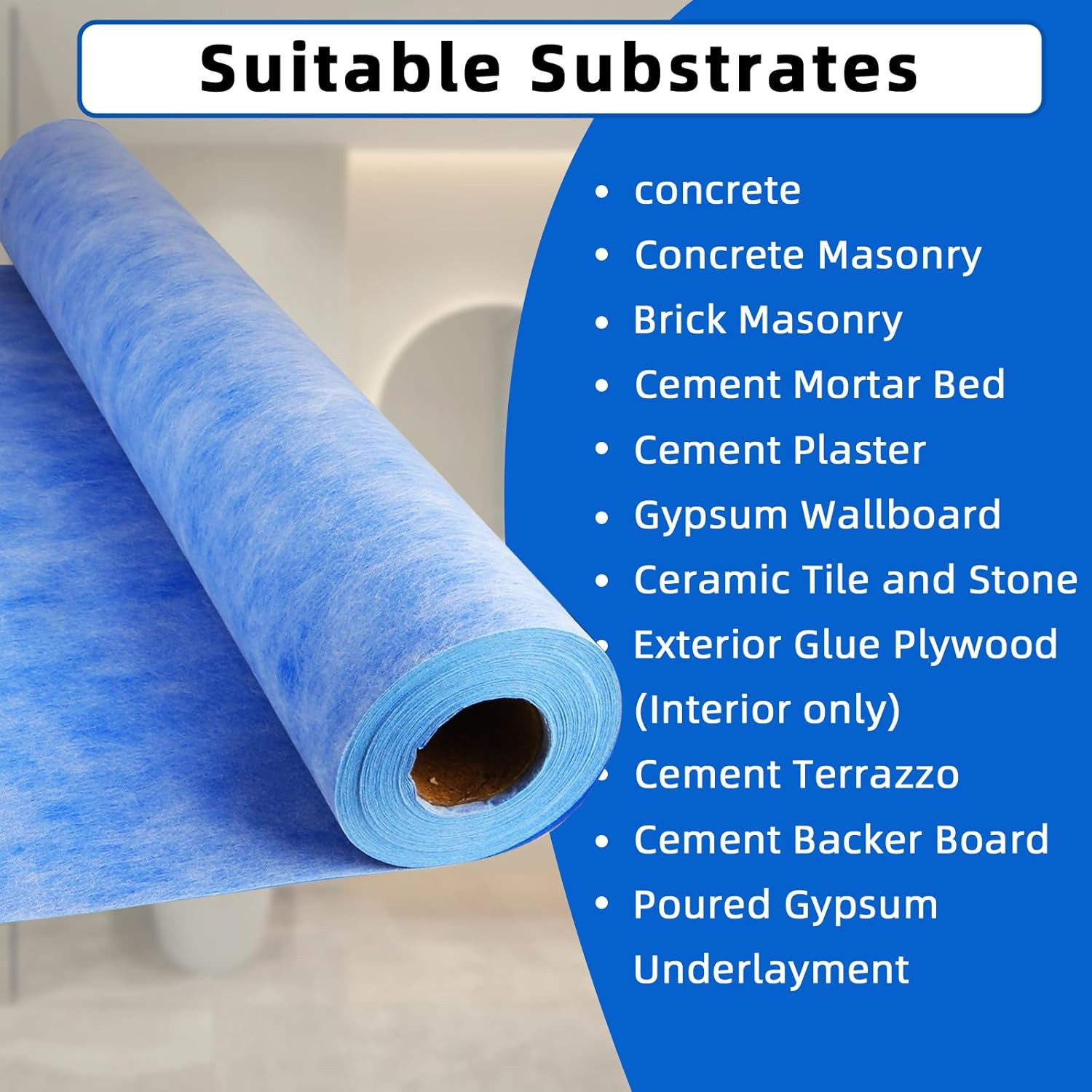 Waterproof Membrane for Shower – 3.3FT X 98.5FT, 323 Sq Ft, 23.6 Mil Thick Blue
