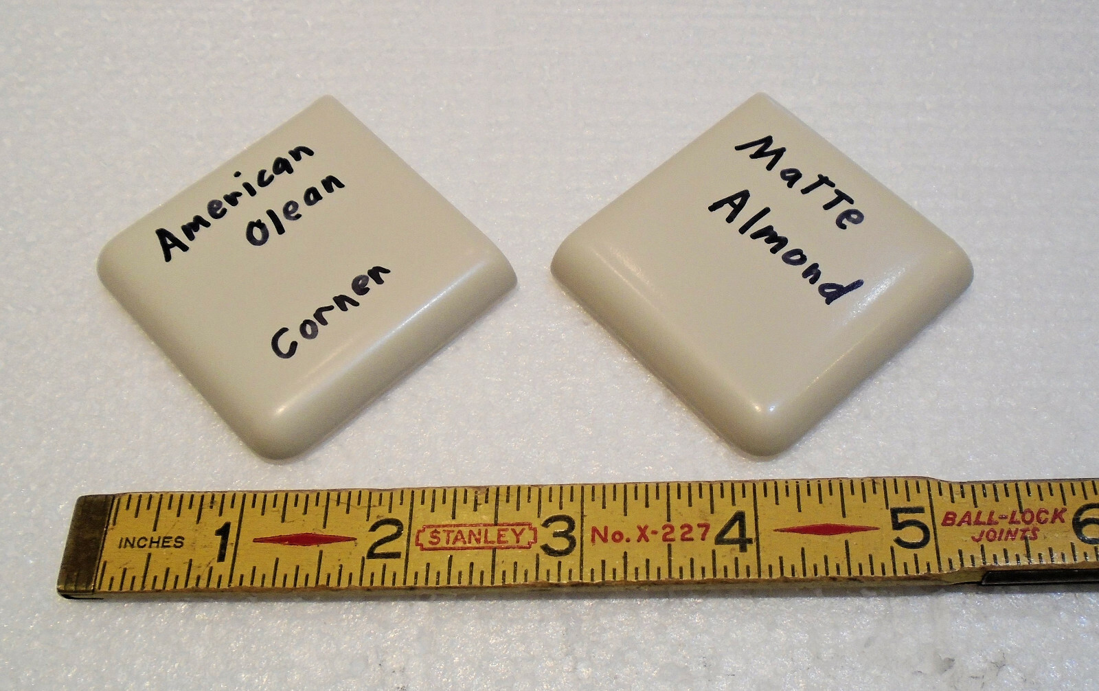 2 pcs. Matte Almond 2″ X 2″ X 5/16″ Ceramic Surface Bullnose Corner Tiles; NEW