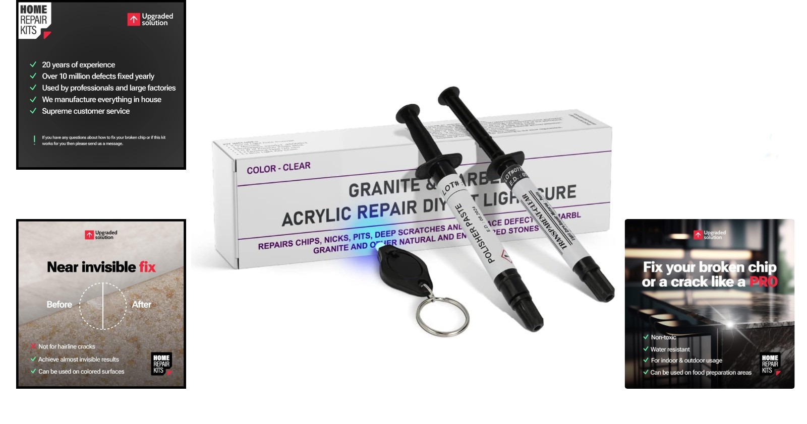 Professional-Quality Repair Kit for Chips & Cracks in Granite & Fiberglass