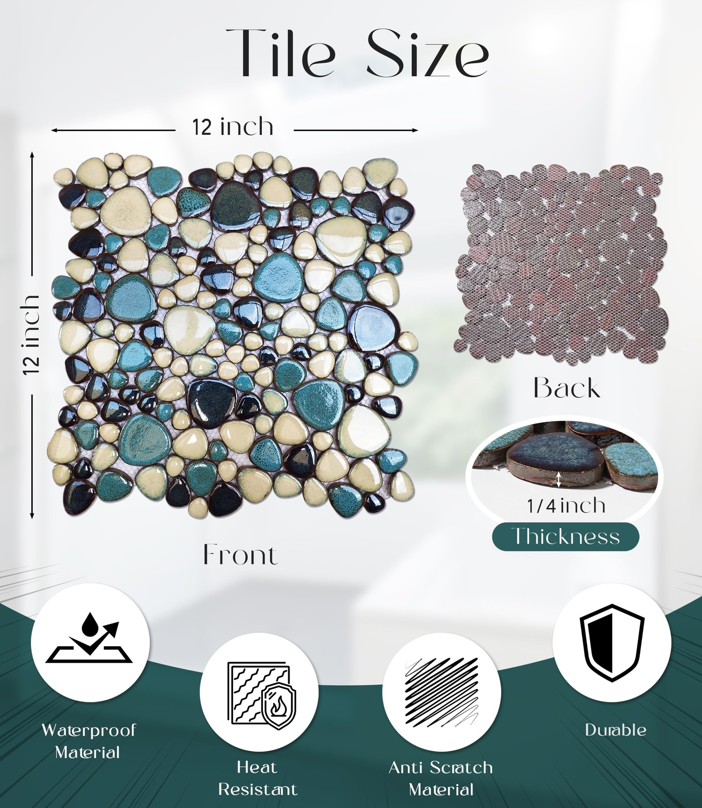 Interlocking Pebble Tiles 5 Sheets, Aqua Teal Blue Mosaic Tiles Mesh Mounted,…