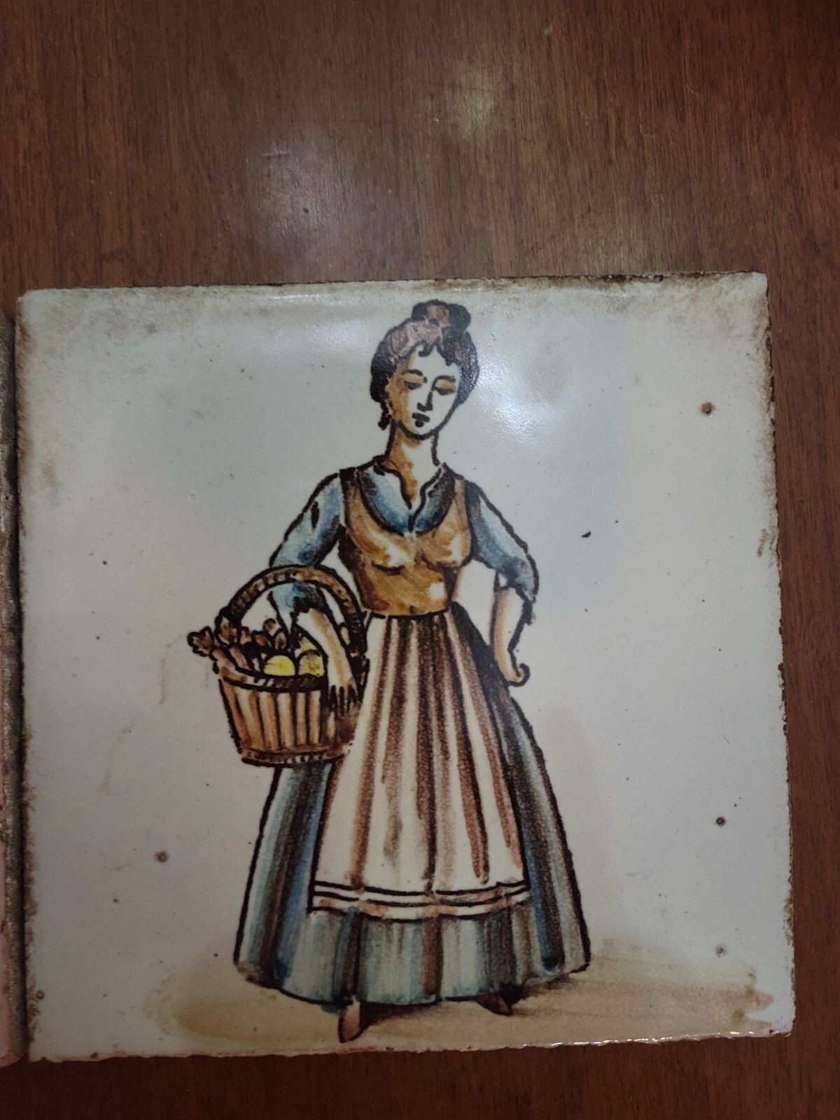 ANTIQUE European Italy Art lady ceramic porcelain Handpainted tiles Salvage