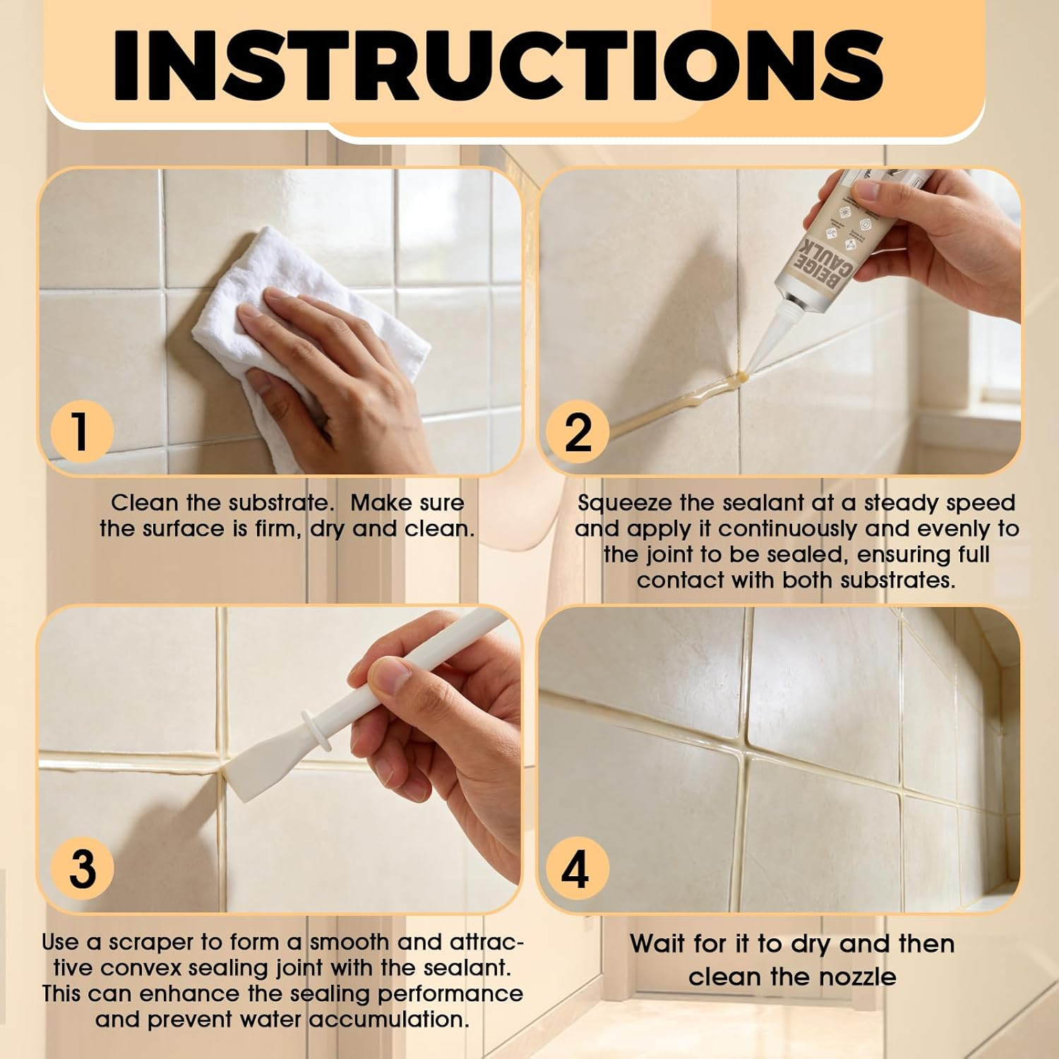 Beige Caulk, Silicone Caulk for Bathroom Shower Kitchen Tile Floor Sealing, Wate