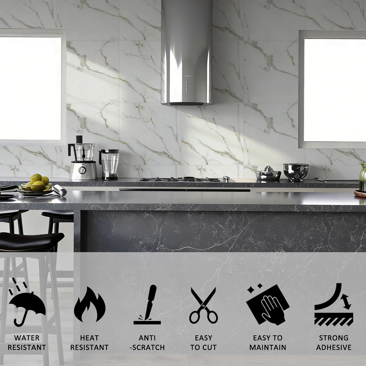 White w/ Gray & Gold Veins 12x12in Peel & Stick PVC Backsplash Tiles (10pcs)