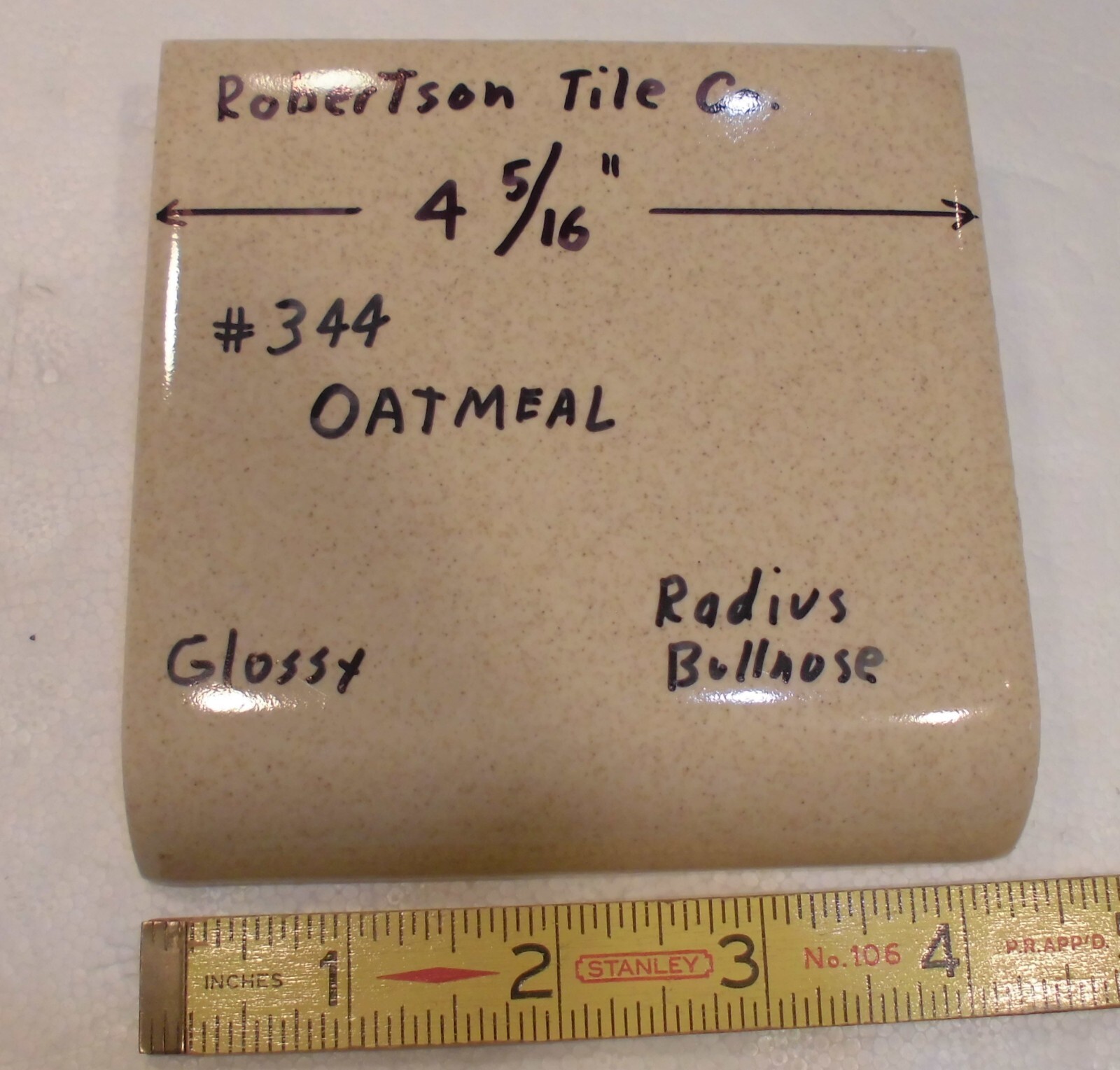 1 pc. Oatmeal-Buckwheat: Radius Bullnose Glossy Ceramic Tile Robertson 4-5/16″