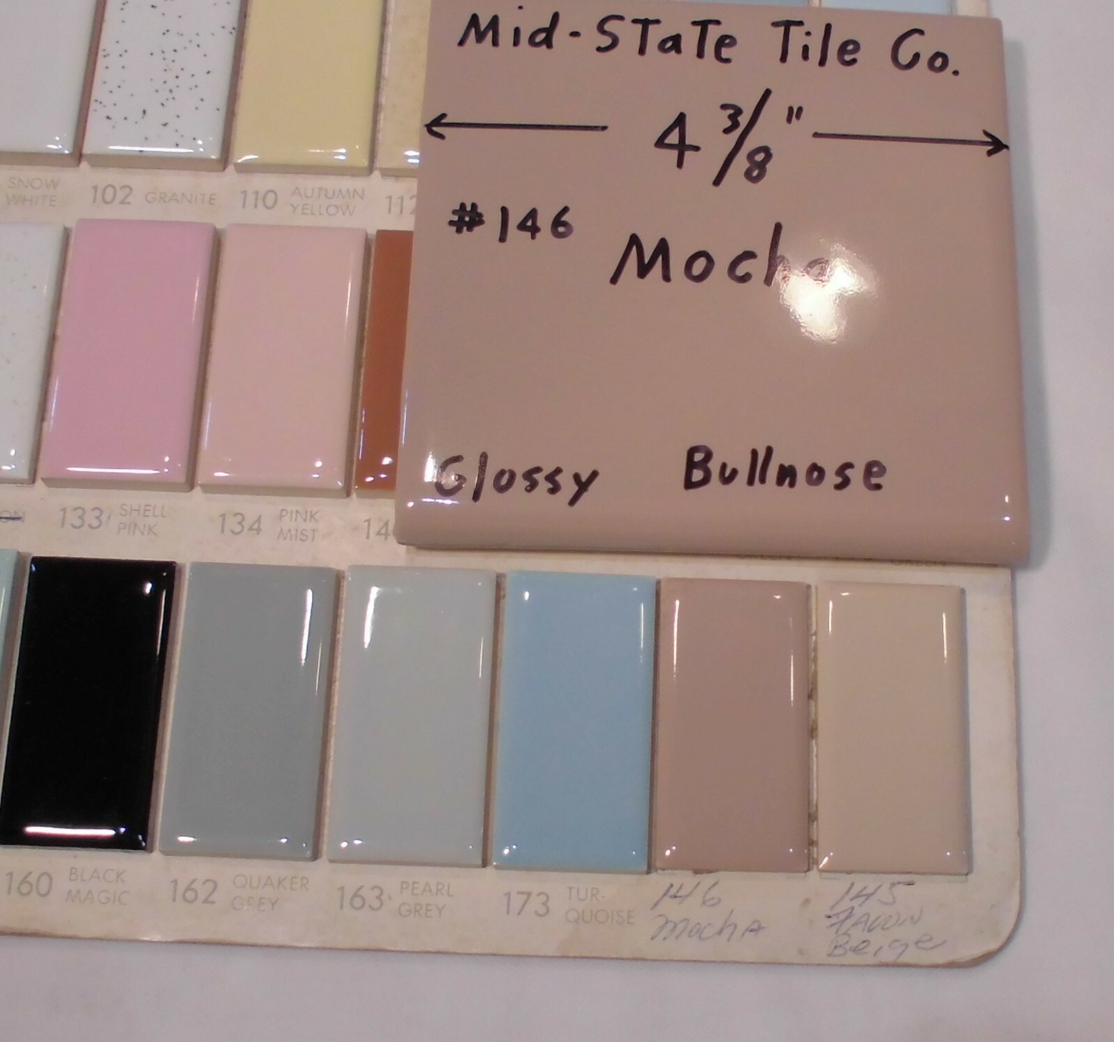 1 pc. *Mocha – Brown* Bullnose Ceramic Tile 4-3/8″ by Mid-State Co. Glossy NEW