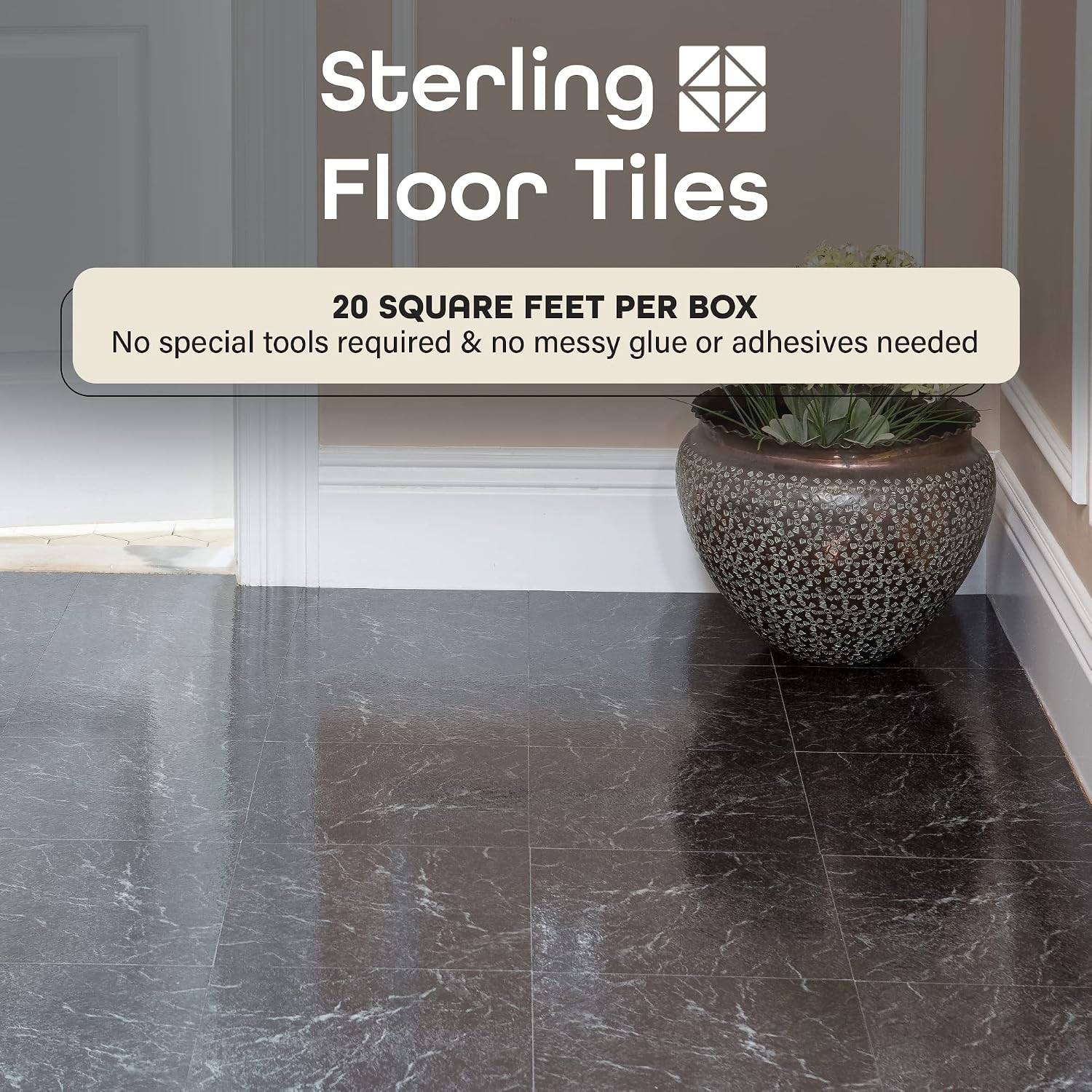 Sterling Self Adhesive 12-Inch Vinyl Floor Tiles, 20 Tiles – 12″ X 12″, Black