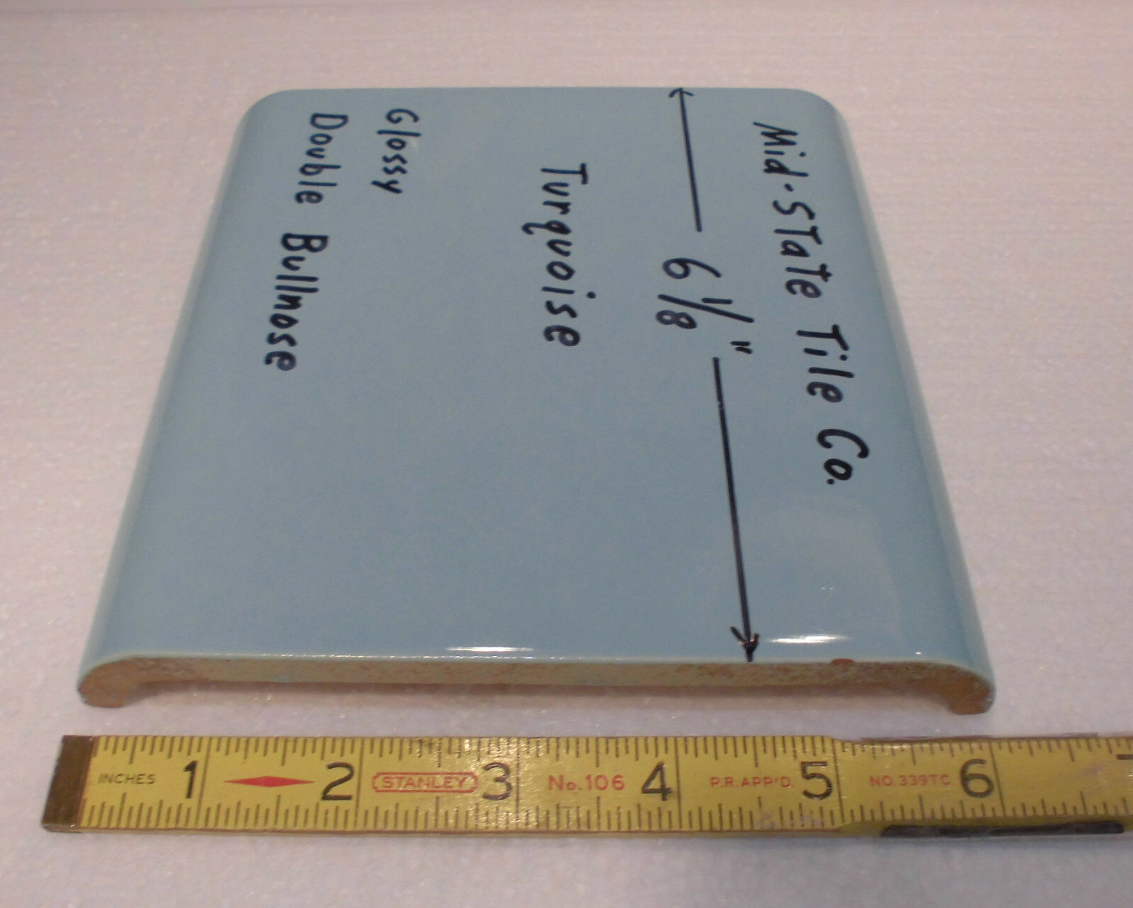 1 pc. Turquoise 6″ x 6″ Double Radius Bullnose Glossy Ceramic Tile: made 1950’s