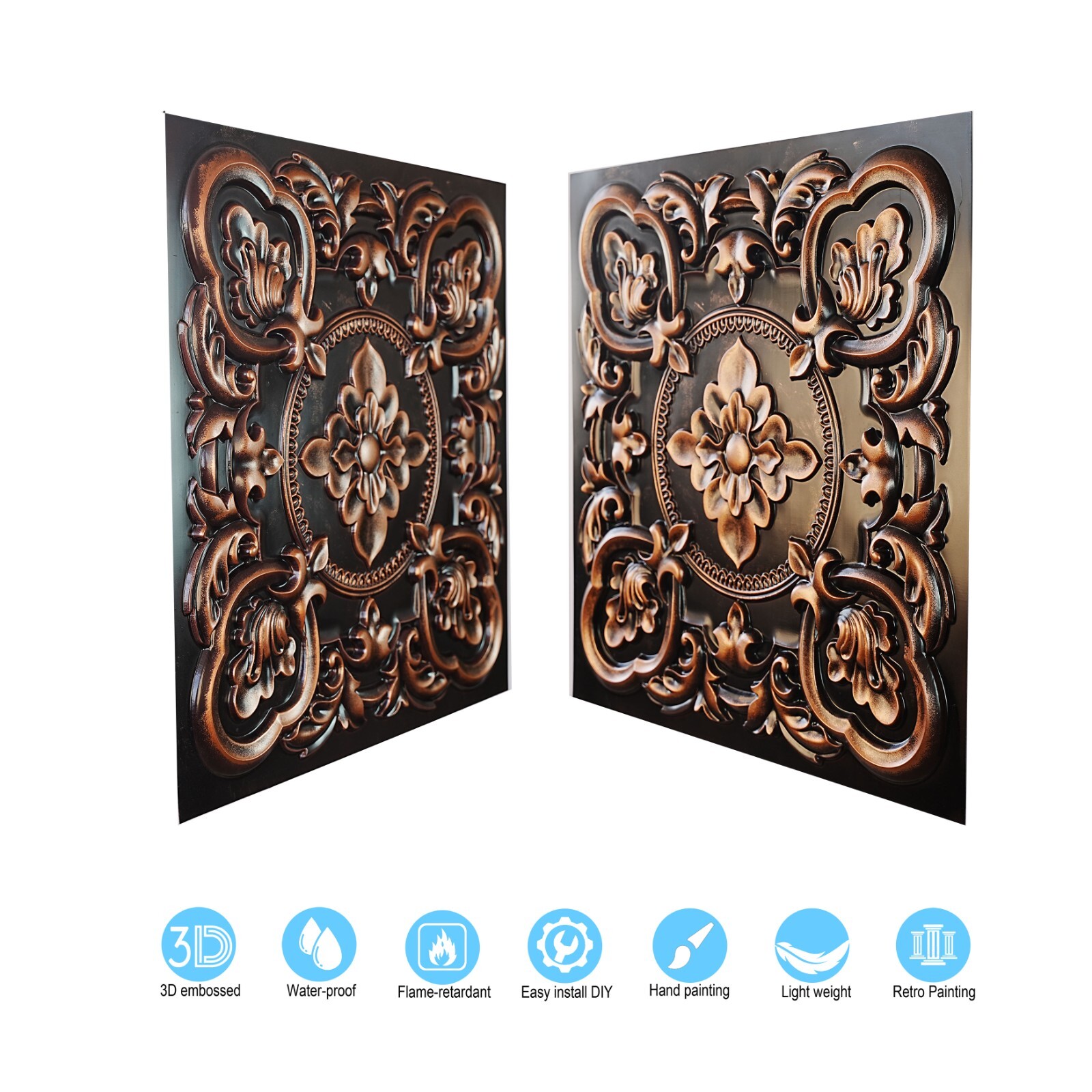 PVC Ceiling Tile 3D Embossed Wall Panel PL30 Traditional copper 10pc PAINTSDECOR