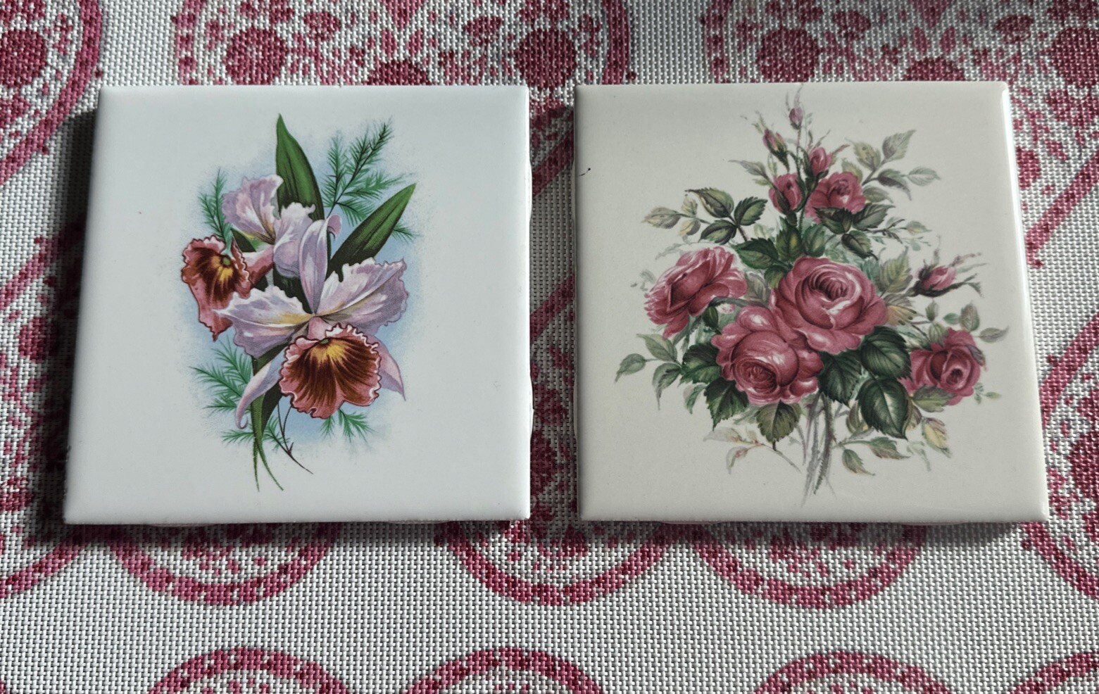 Floral Decorative 2 Ceramic Tiles 4” Square Cork Backed