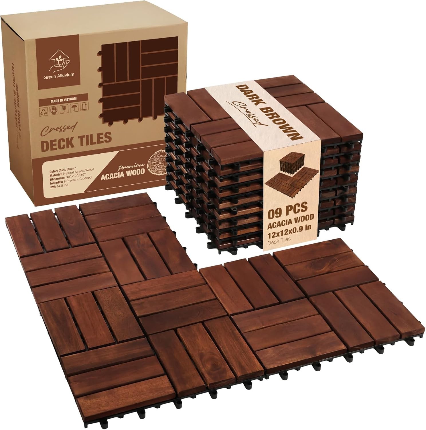 Acacia Wood Interlocking Deck Tiles, 9 Pc, 12″ x 12″ x 0.9″, Dark Brown