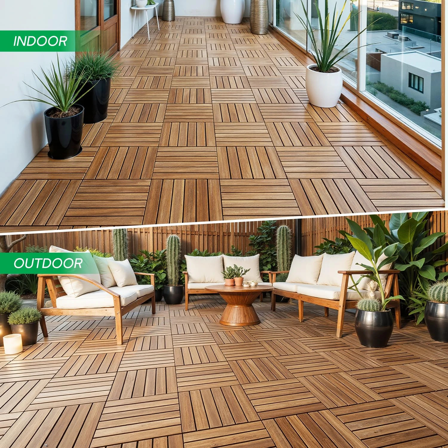 Idzo Interlocking Deck Tiles 9.6 SQFT – 10PCS Waterproof Acacia Wood Golden