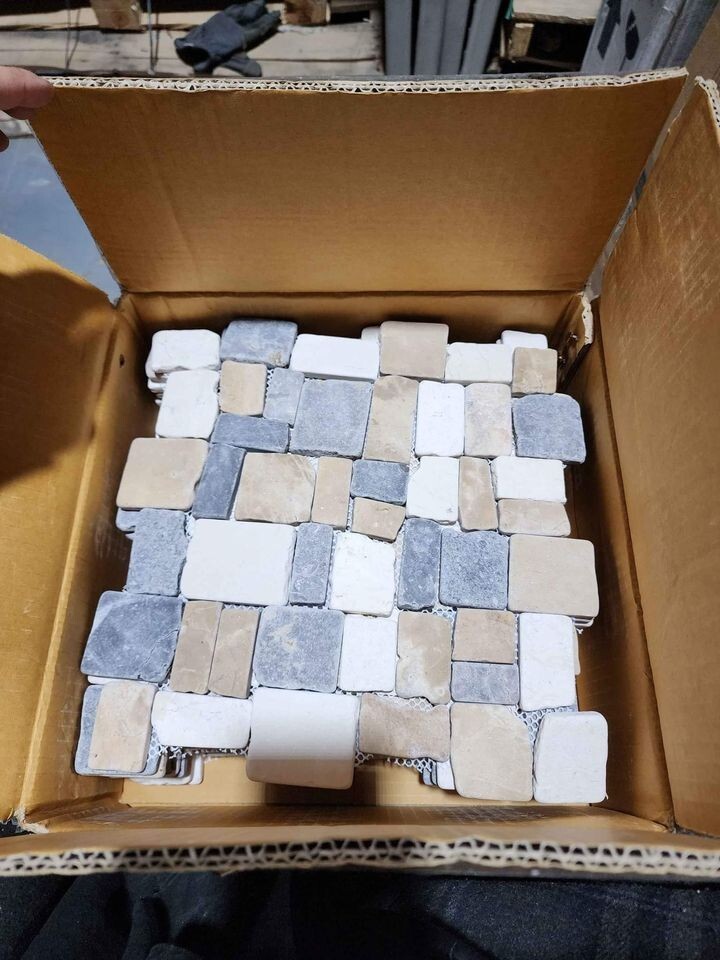 Block Tile Tan/White/ Grey 11 in. x 11 in. x 9.5mm Indonesian Marble Mosaic Tile