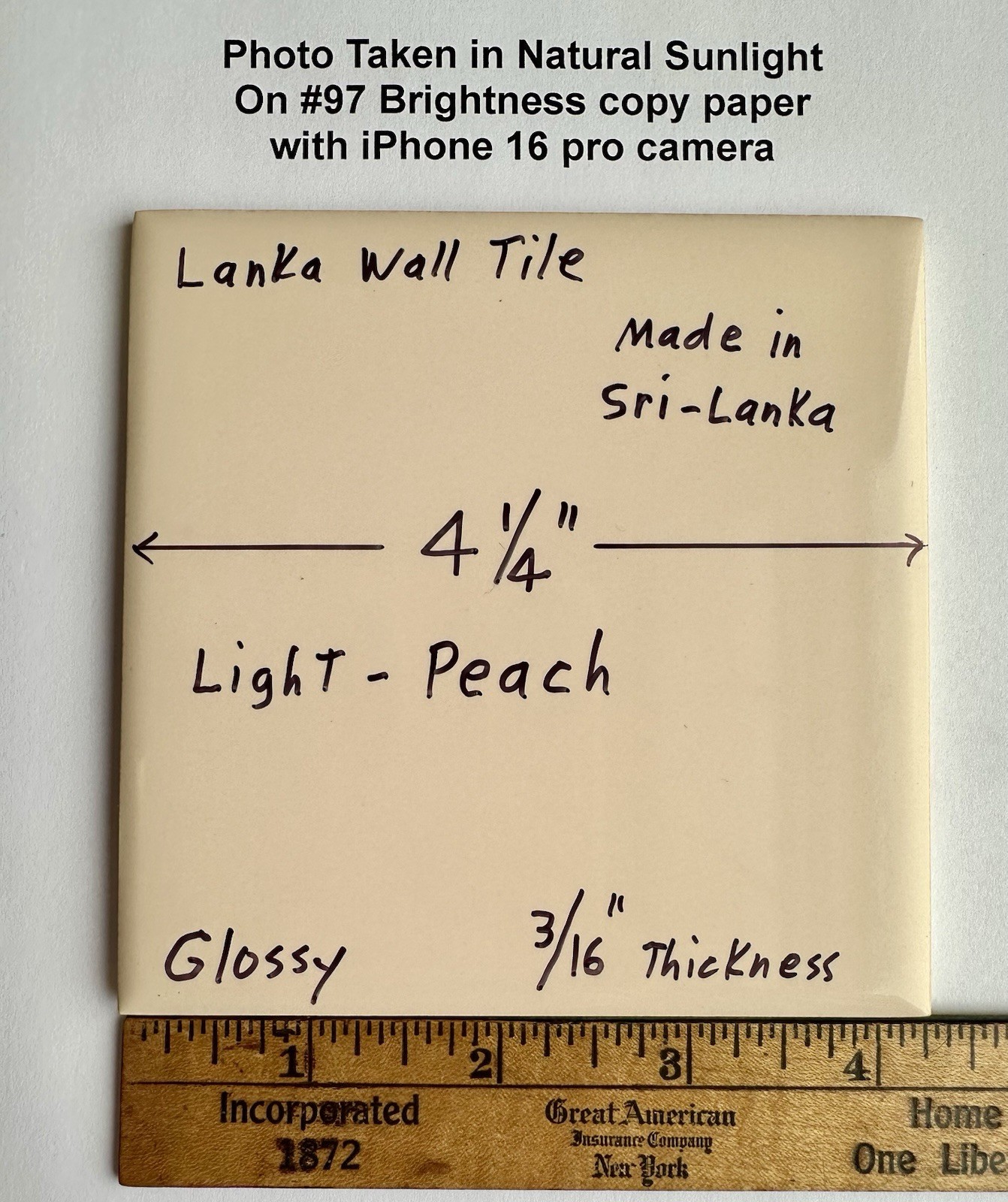 1 pc. Light Peach Color: Glossy Ceramic Tile, 4-1/4″ X 3/16″ thickness, New