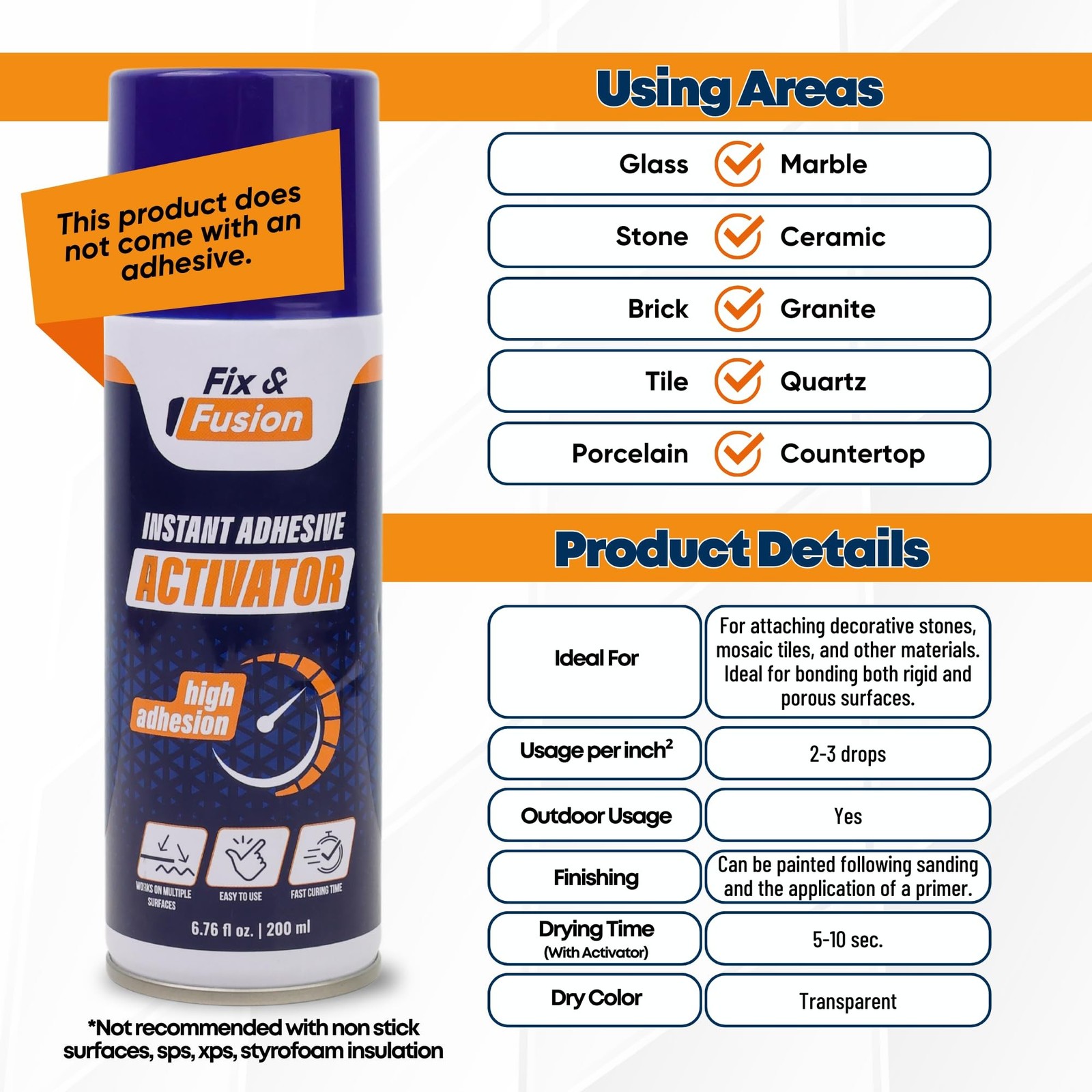 FIX & FUSION Activator Spray (6.76 Fl Oz), Instant Cure Accelerator for Cyano…