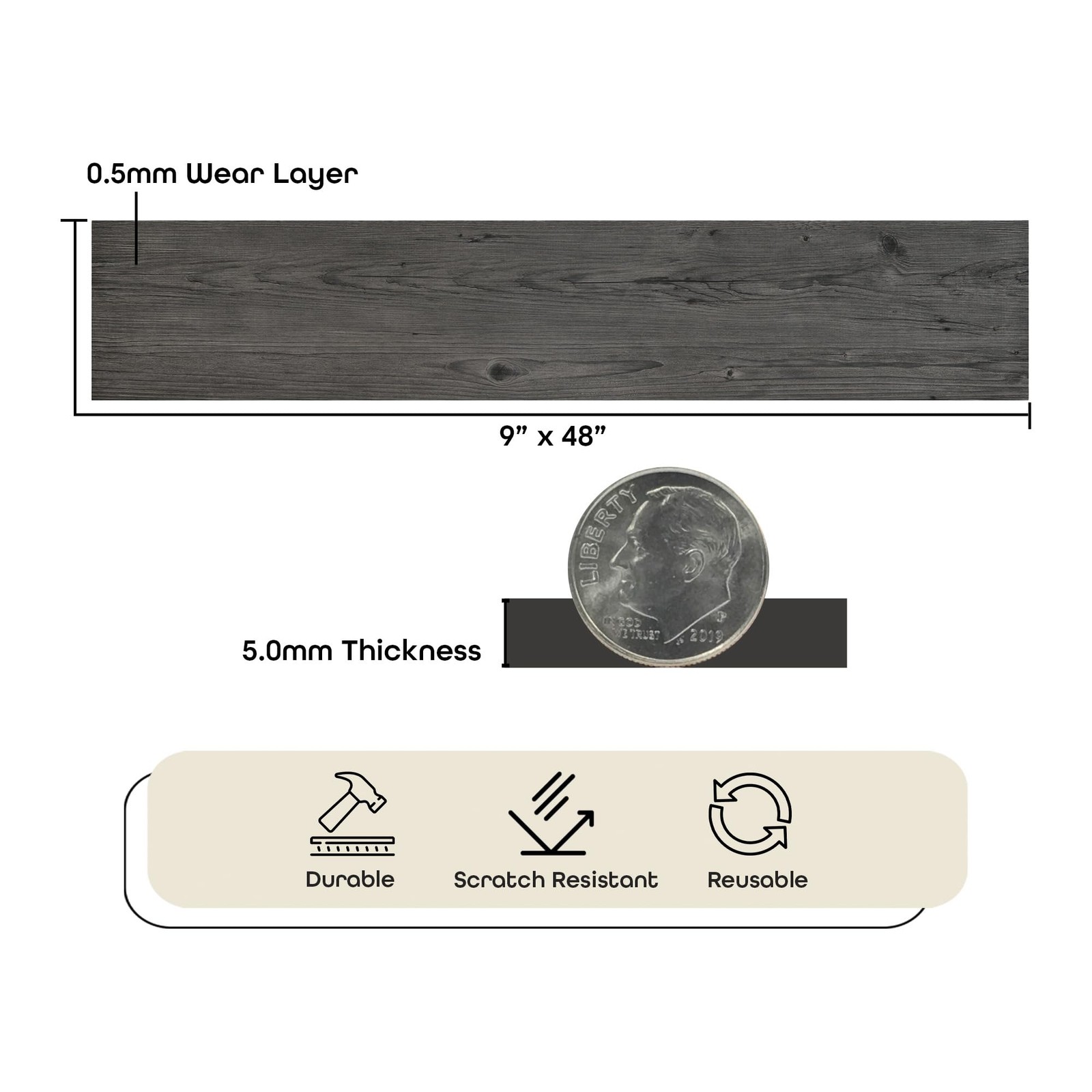 Looselay Vinyl Plank Flooring, 8 Planks – 9″ x 48″, Smoke Grey – No Adhesive …