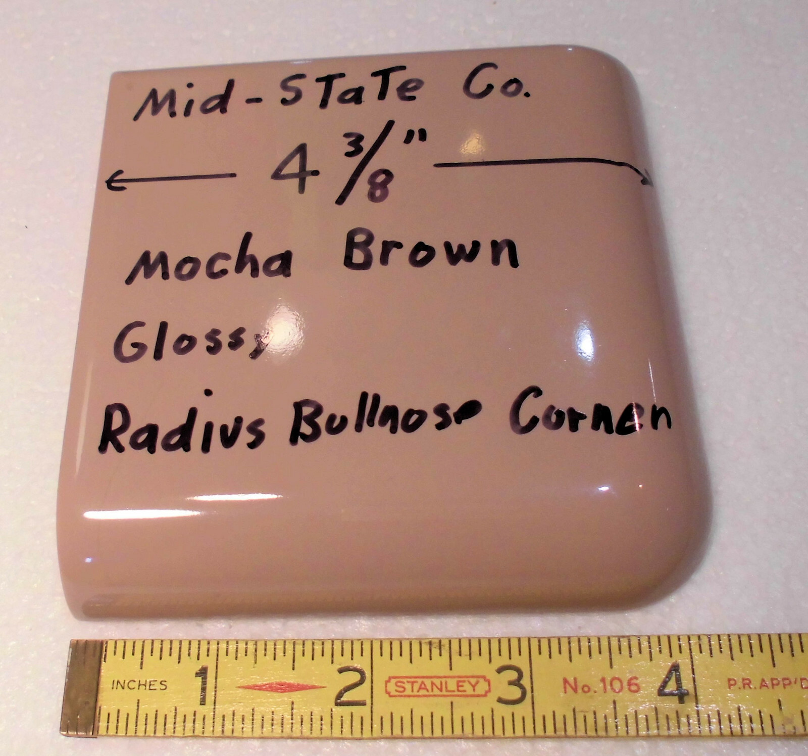 1 pc. Corner Bullnose; Mocha Brown; Glossy Ceramic Tile by Mid-State 4-3/8″ Mudd