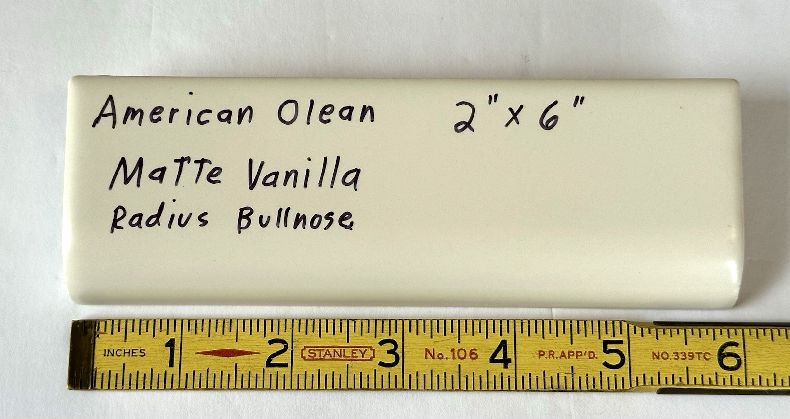 1 pc. Vanilla / off- white: 2″ X 6″ Radius Bullnose Ceramic Tile: American Olean