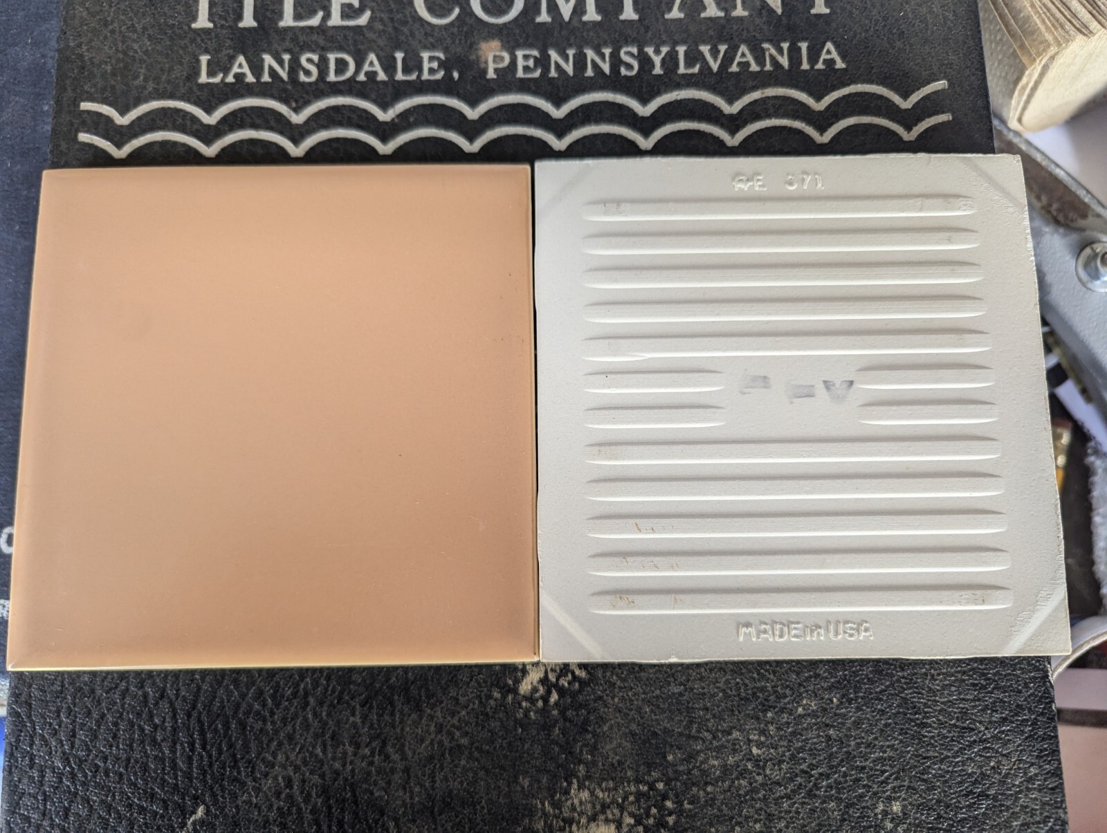 2 pc American Olean Encaustic #85 Apricot Ceramic Tile 4-1/4″ Square Matte 1950s