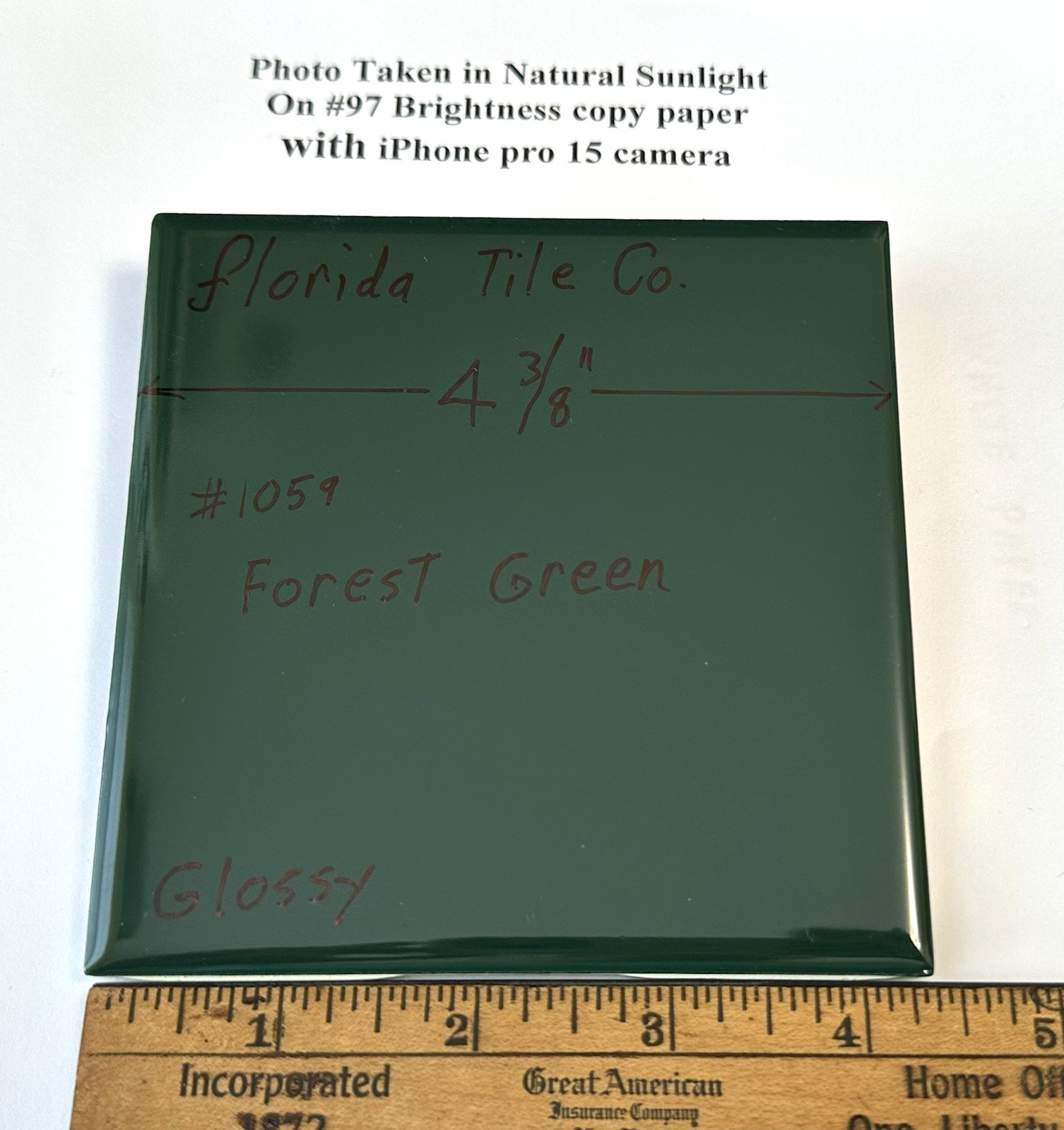 1 pc. Forest Green: 4-3/8″ Glossy Ceramic Tile by Florida Co. #1059, New Stock