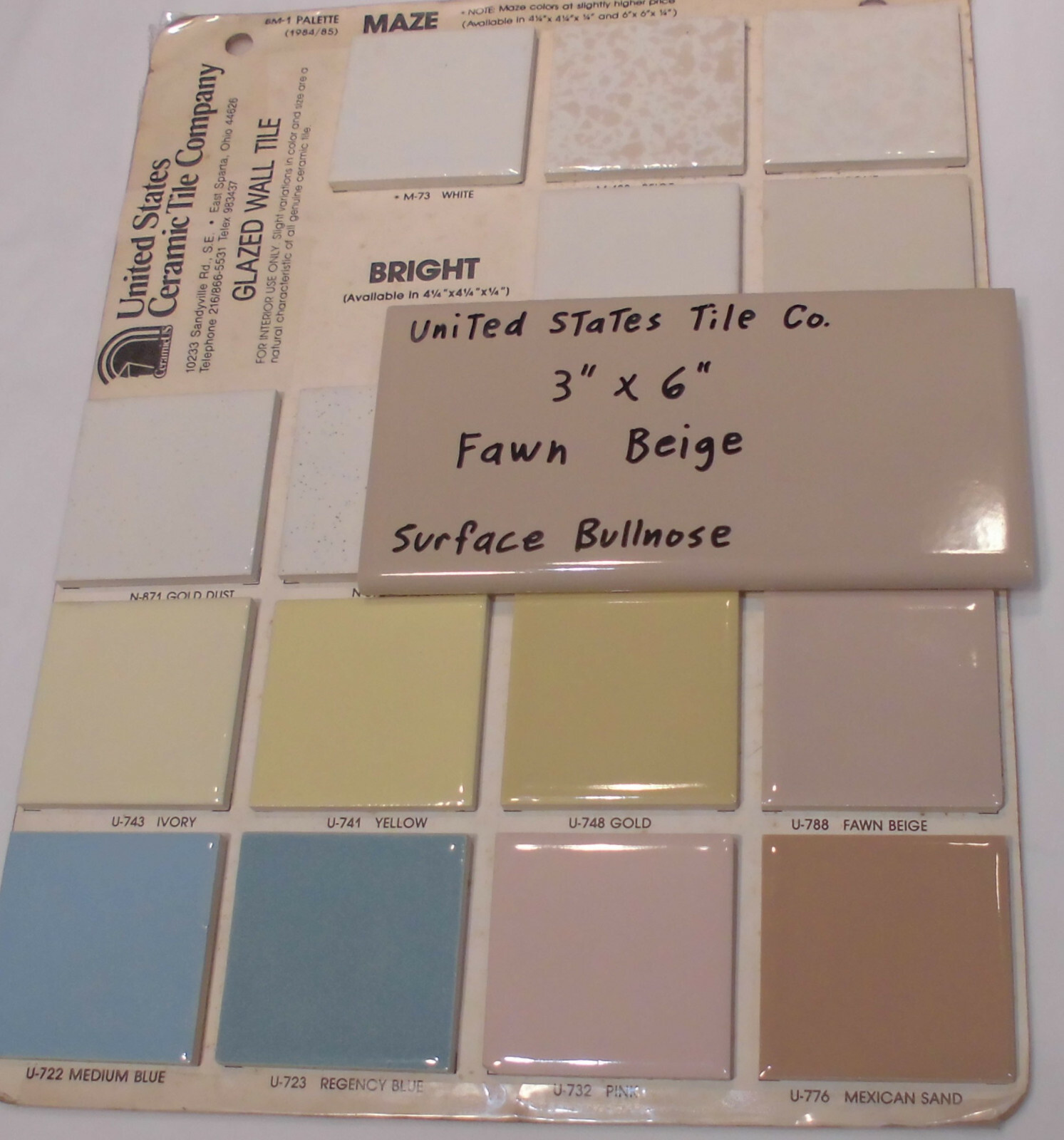 1 pc. Fawn Beige: 3″ X 6″ Glossy Bullnose Ceramic Tile: New Stock, Made USA