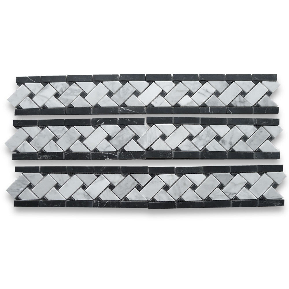 C651BXP Carrara Marble Basketweave Listello Border Black Dots Polished 4×12