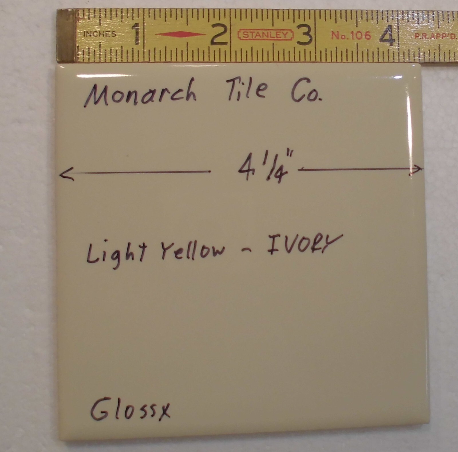 1 pc. Light Yellow – Ivory: 4-1/4″ Glossy Ceramic Tile by Monarch Tile Co. USA