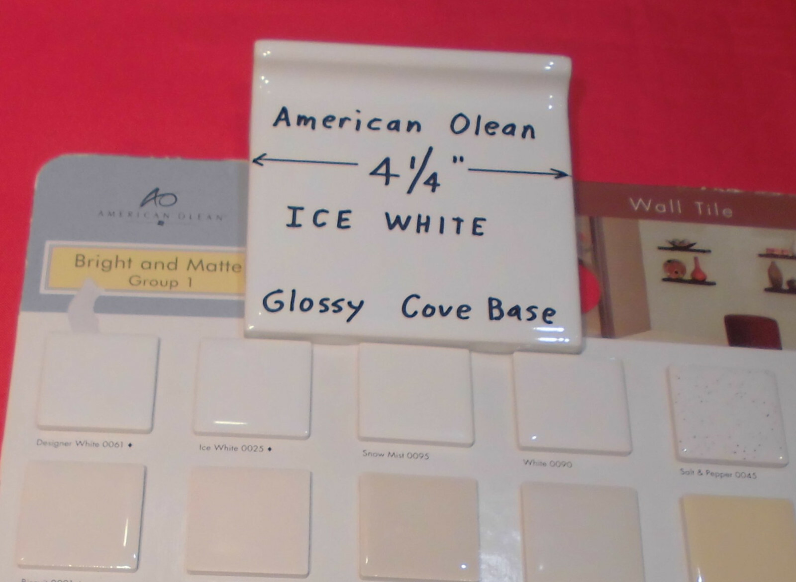 1 pc. Glossy Ice White: stack-on base/cove Ceramic Tile; 4-1/4″ X 4-1/4″ NEW