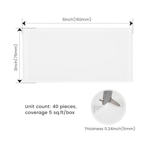 Peel and Stick White Glass Subway Tiles 3×6 for Kitchen Backsplash – 40 Pieces,