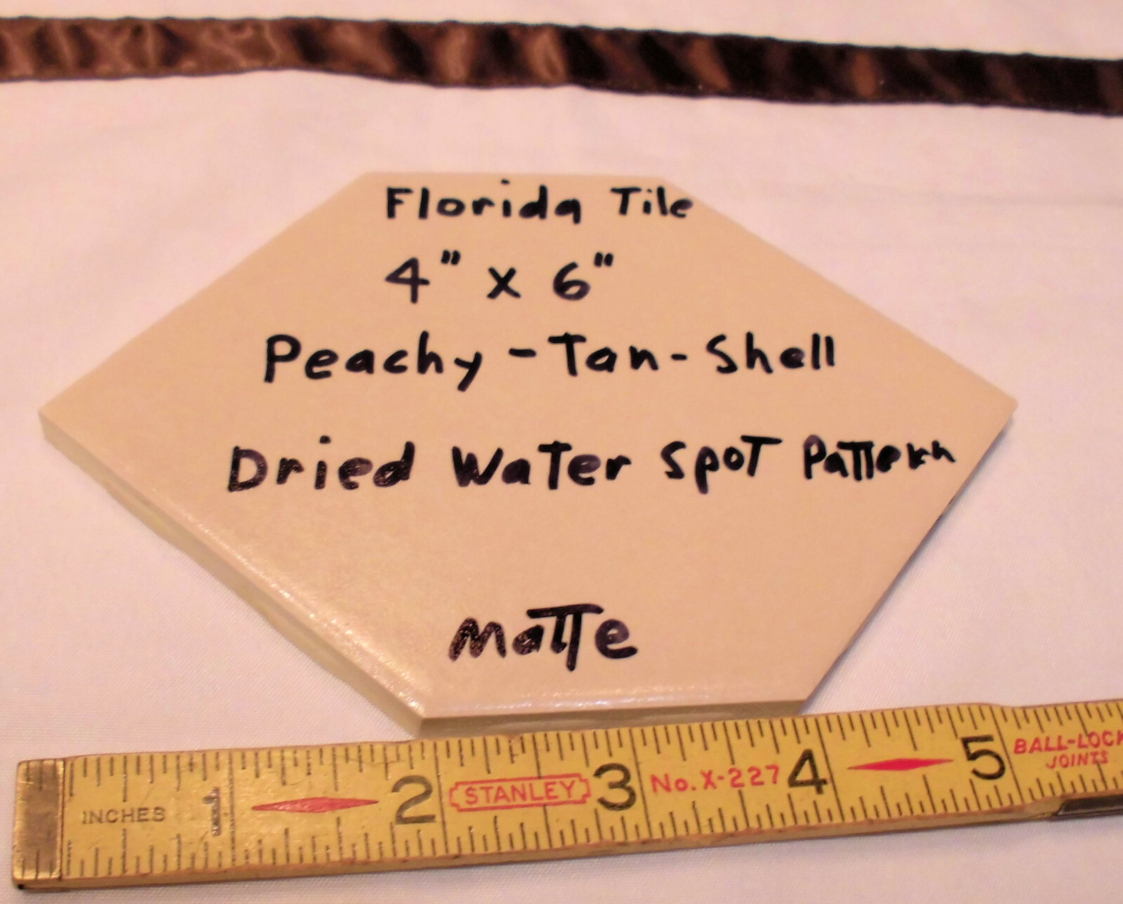 1 pc. Hexagon 4″ X 6″ Peach-Tan-Shell Ceramic Tile; Crystal Glazed; Florida Co.