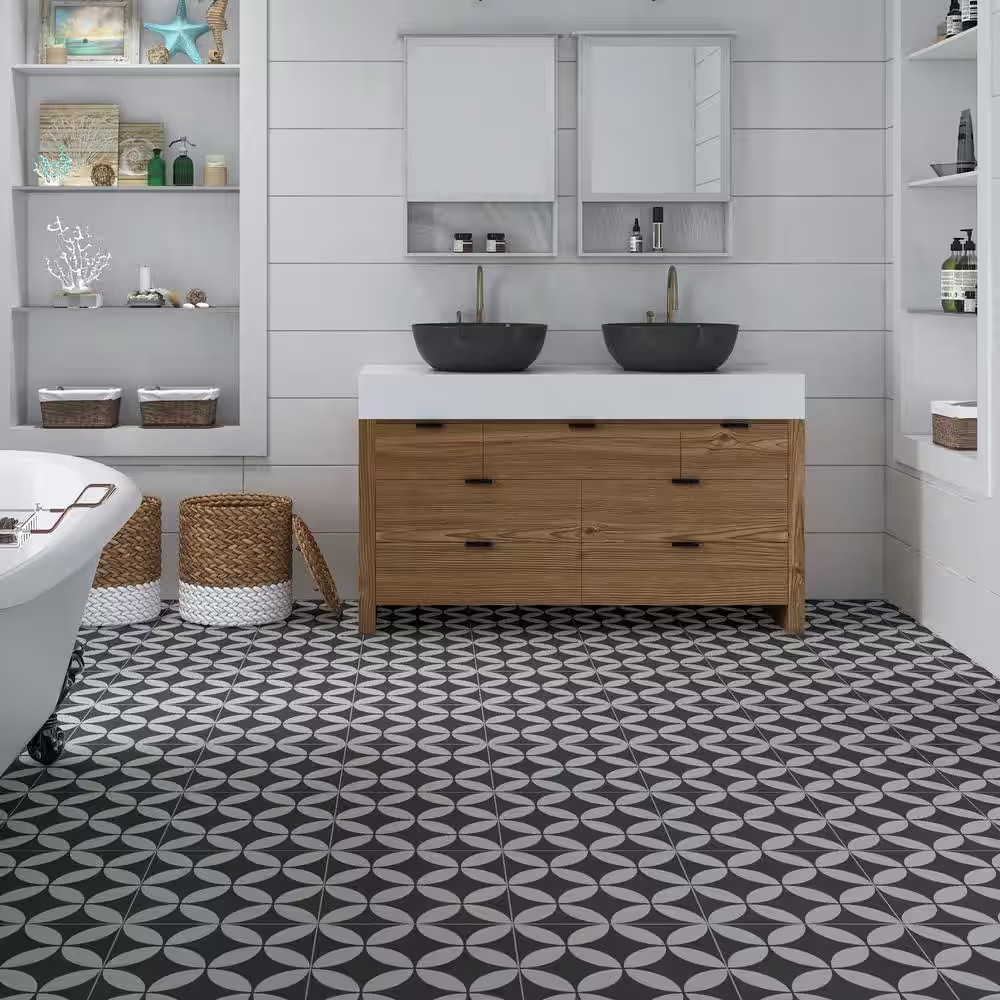 Patterned Gray 9 In. X 9 In. SPC Coin Peel and Stick Backsplash Wall and Floor T